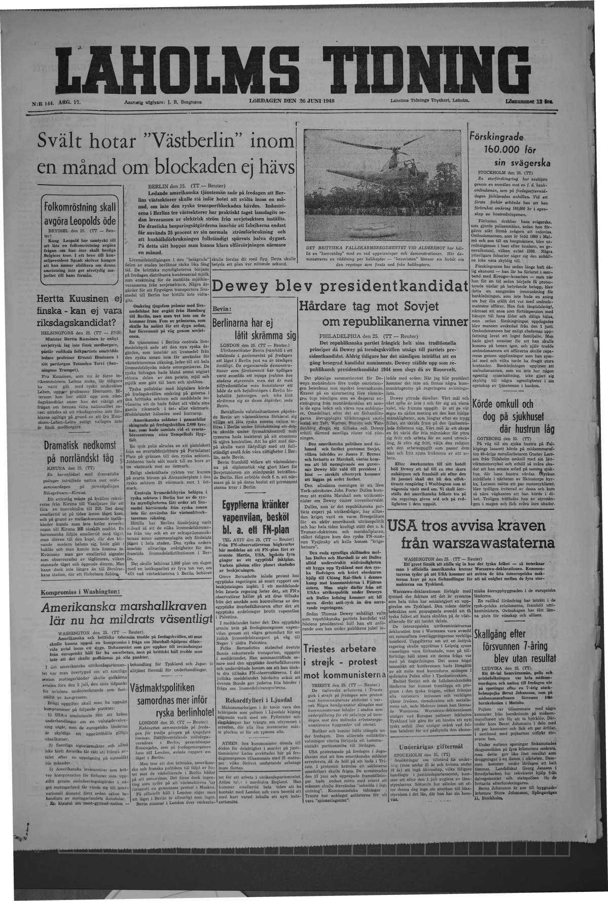 Laholms Tidning Lördag 26 juni 1948, sida 1