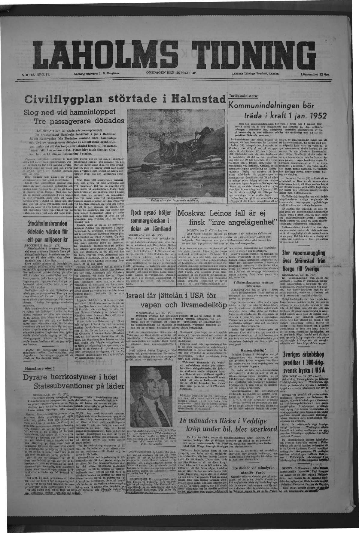 Laholms Tidning Onsdag 26 maj 1948, sida 1