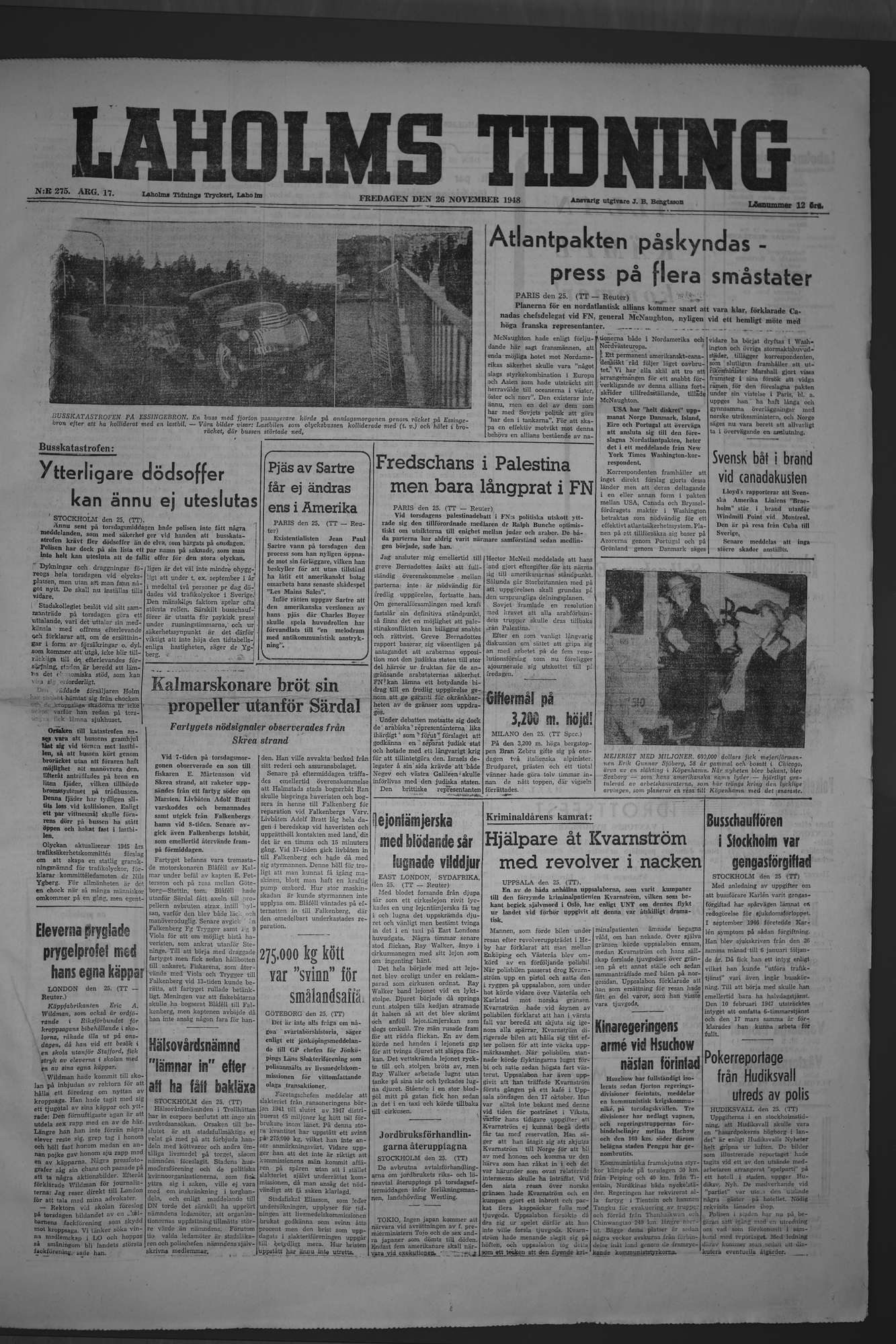Laholms Tidning Fredag 26 november 1948, sida 1