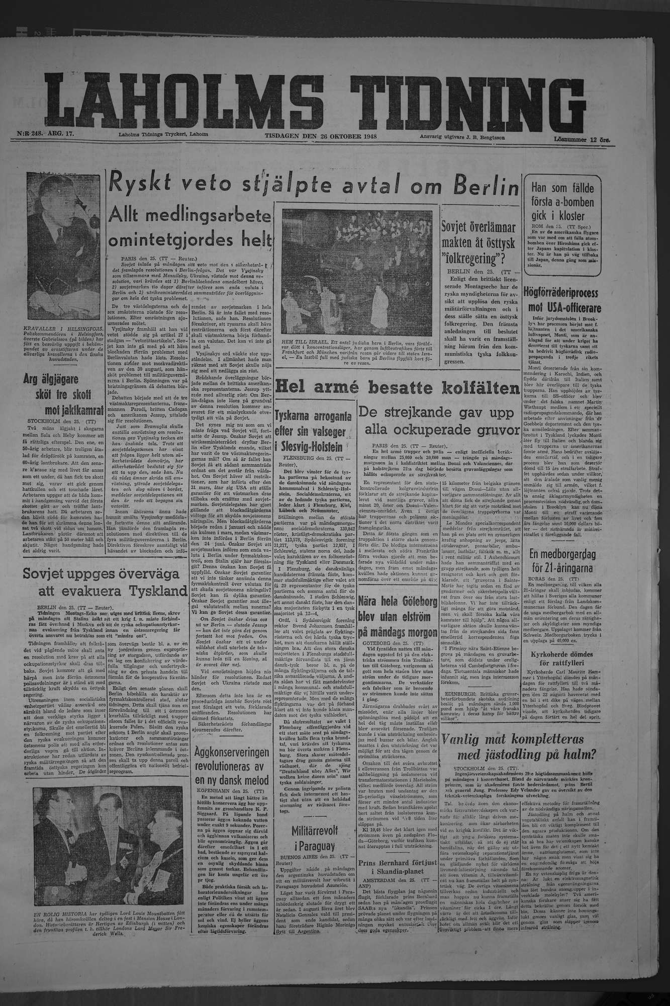 Laholms Tidning Tisdag 26 oktober 1948, sida 1