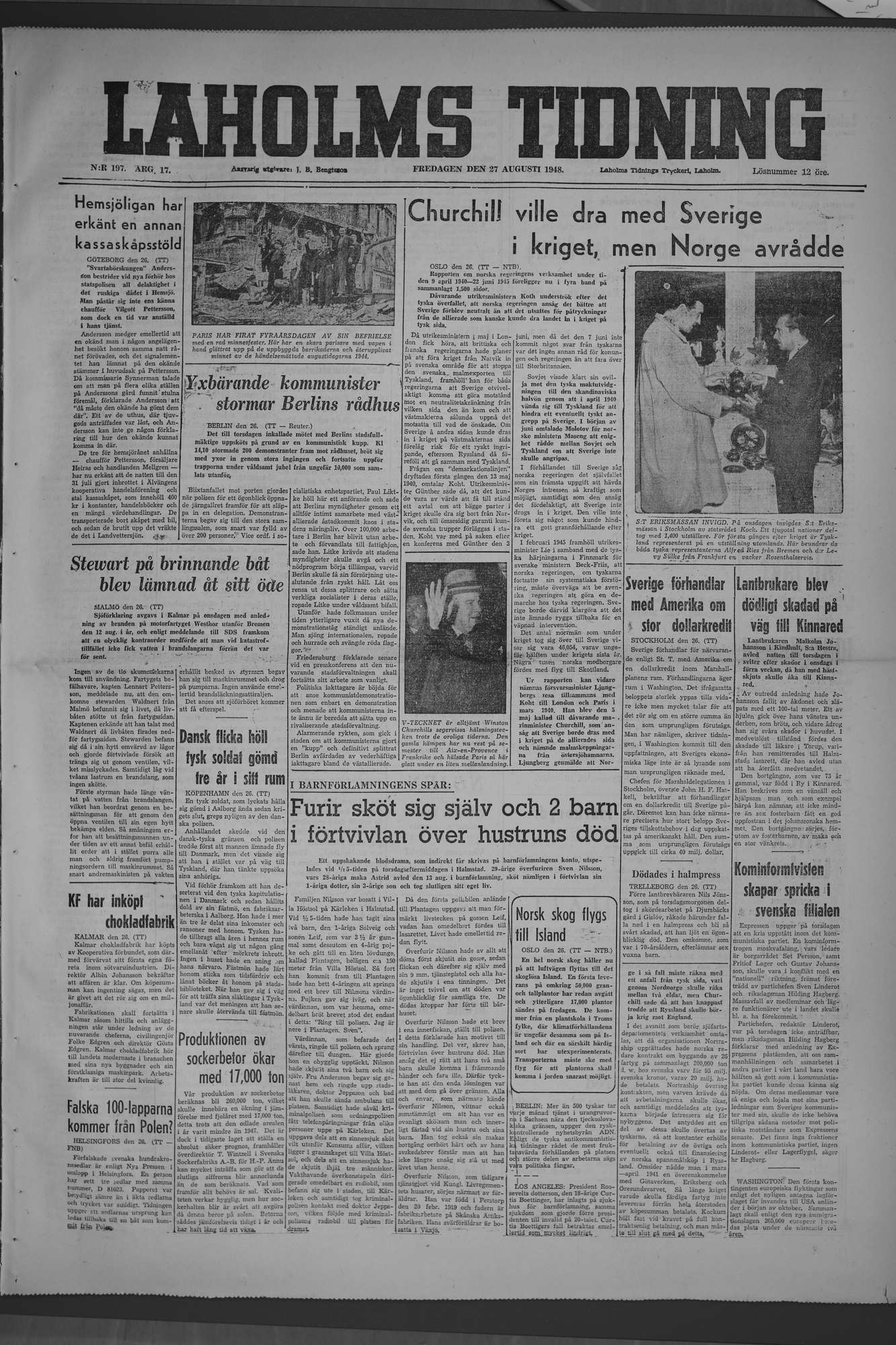 Laholms Tidning Fredag 27 augusti 1948, sida 1