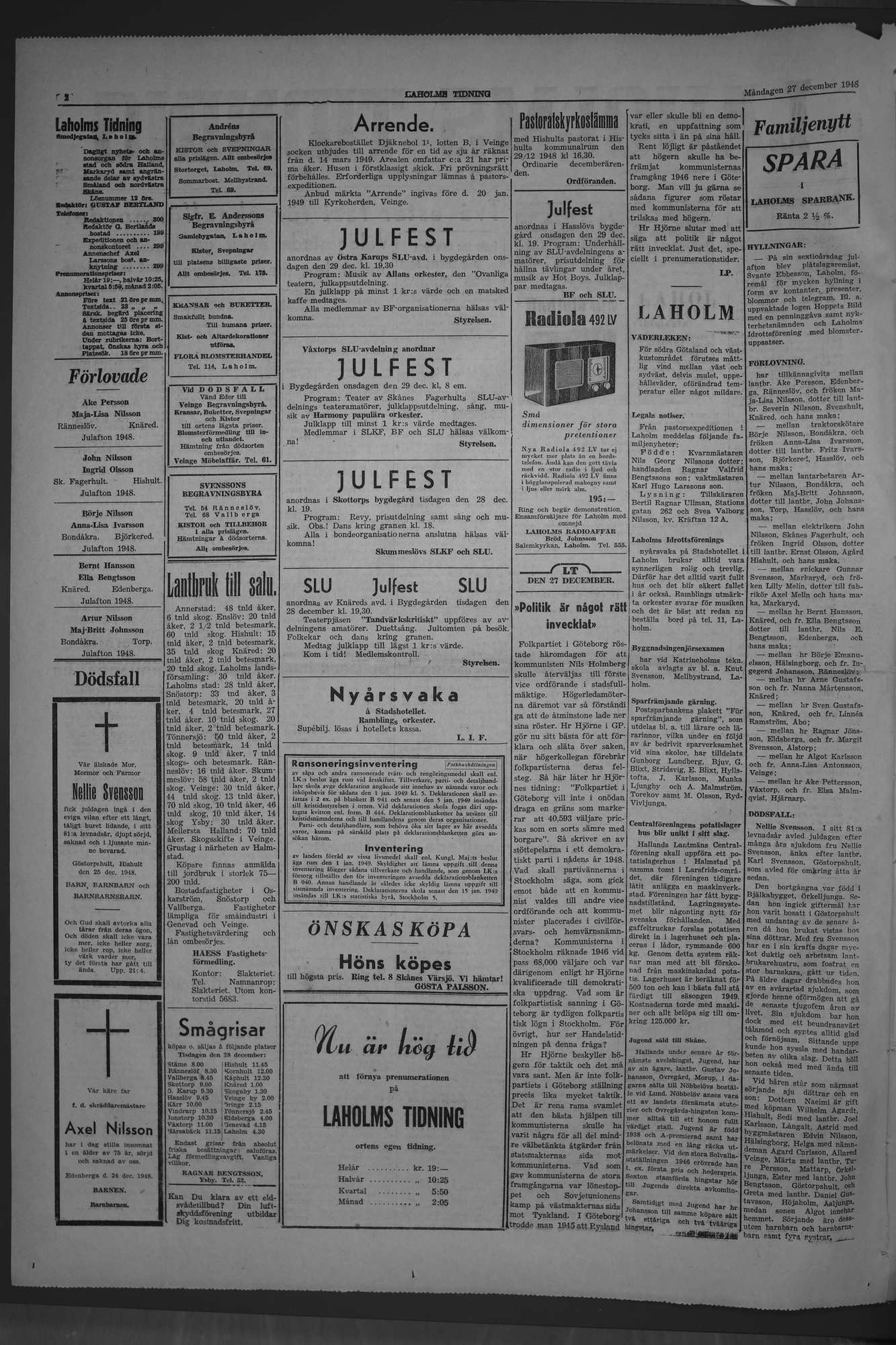 Laholms Tidning Måndag 27 december 1948, sida 2