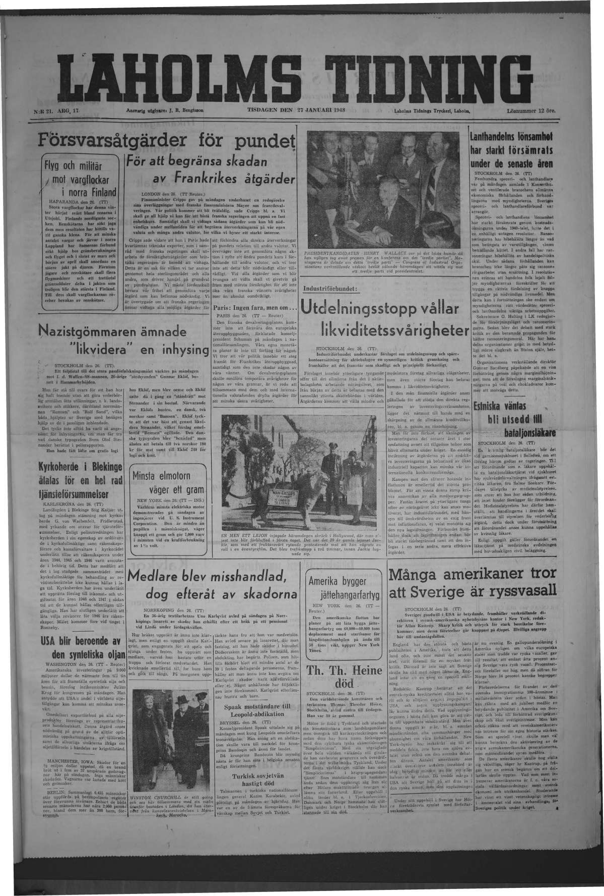 Laholms Tidning Tisdag 27 januari 1948, sida 1
