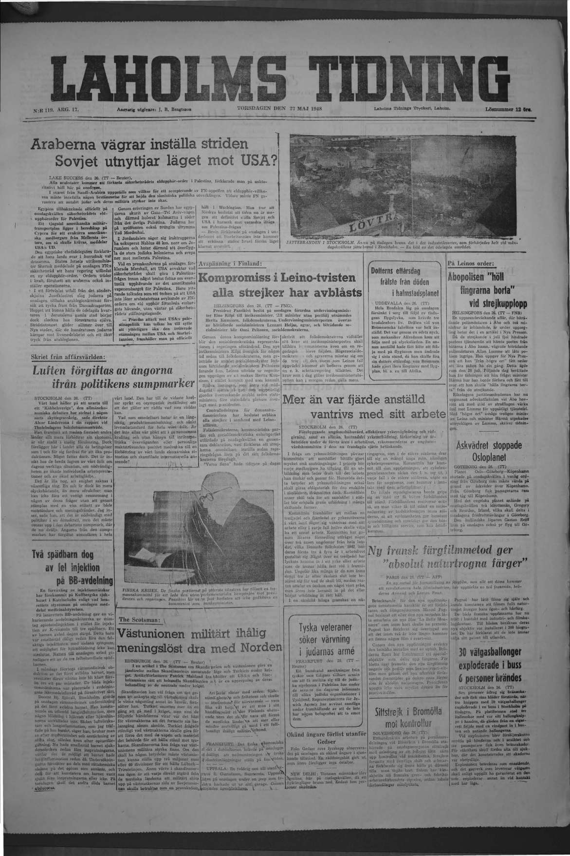 Laholms Tidning Torsdag 27 maj 1948, sida 1