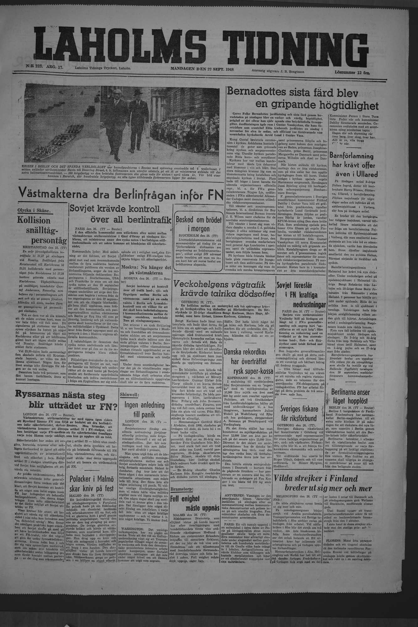 Laholms Tidning Måndag 27 september 1948, sida 1