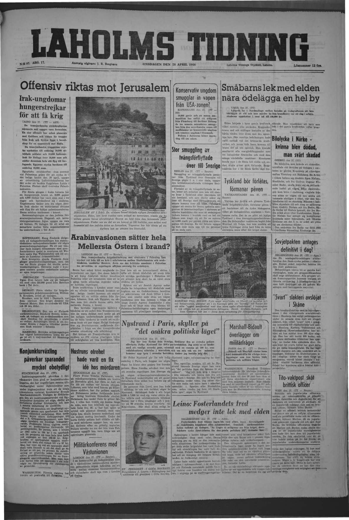 Laholms Tidning Onsdag 28 april 1948, sida 1