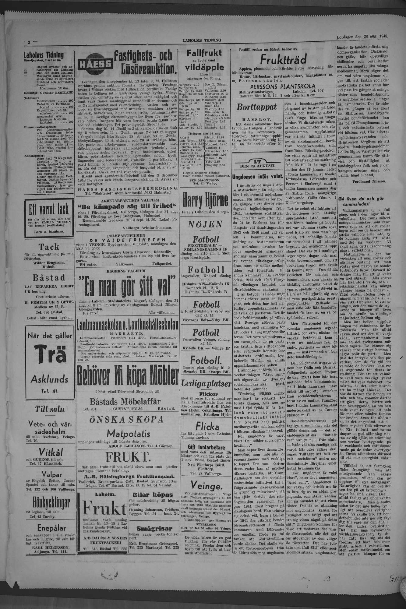 Laholms Tidning Lördag 28 augusti 1948, sida 2