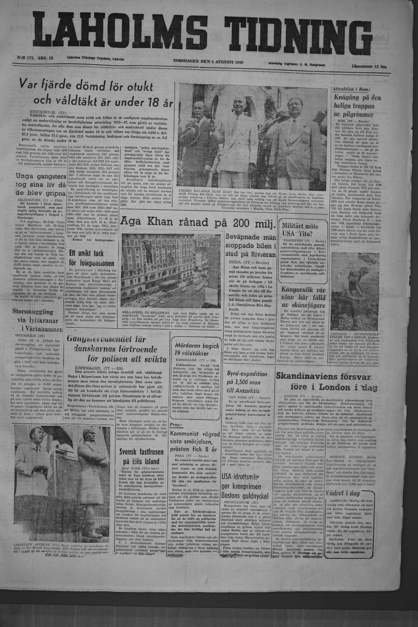 Laholms Tidning Torsdag 4 augusti 1949, sida 1