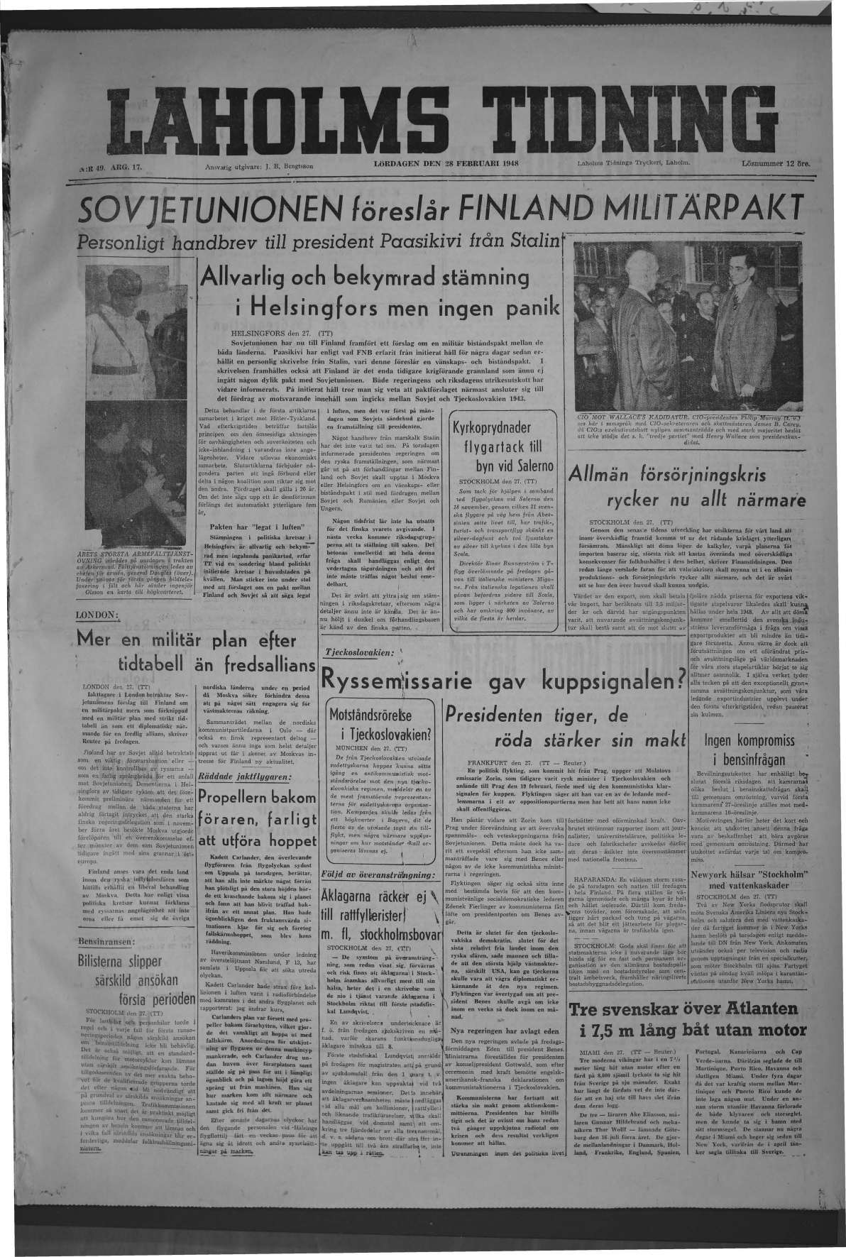 Laholms Tidning Lördag 28 februari 1948, sida 1