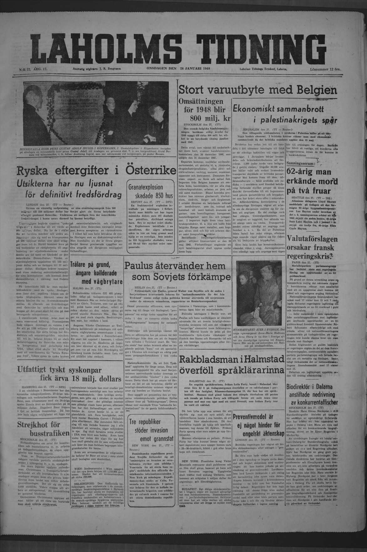 Laholms Tidning Onsdag 28 januari 1948, sida 1