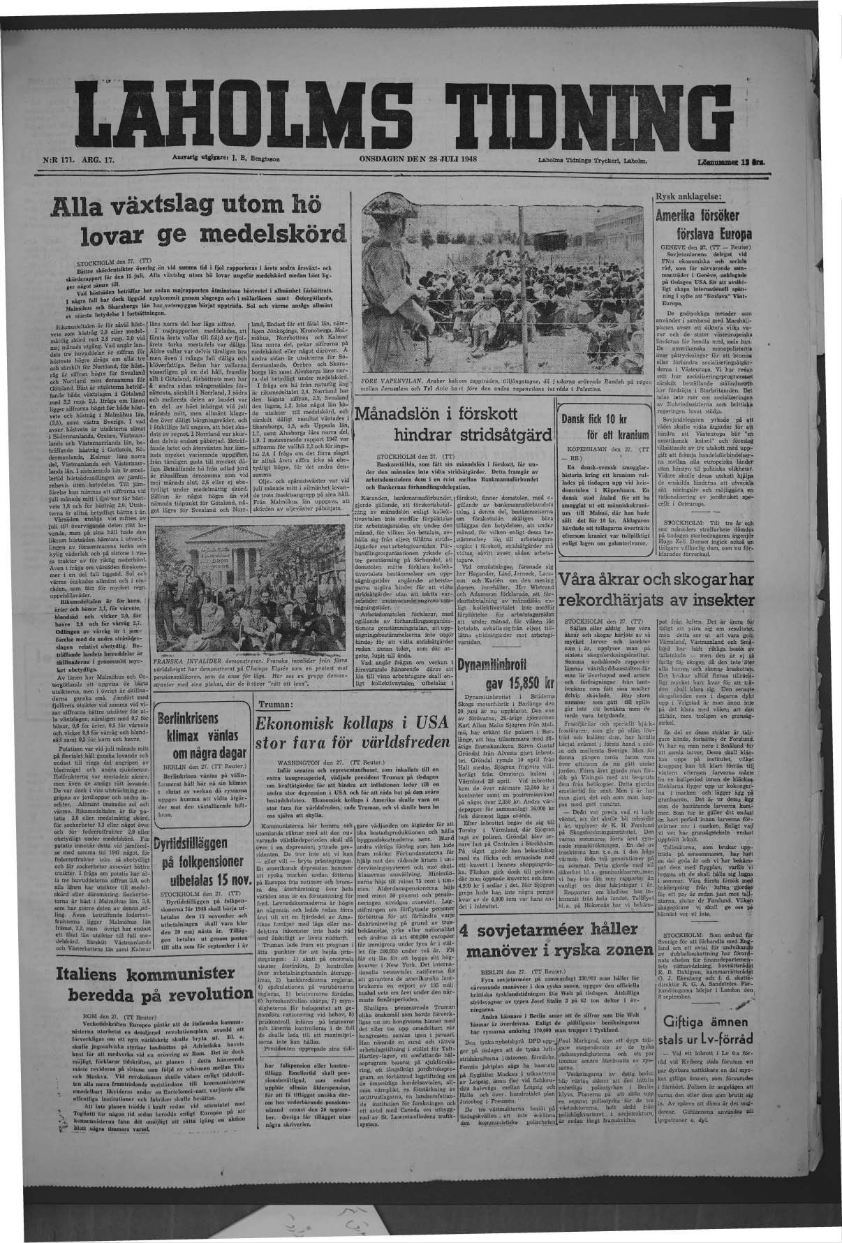 Laholms Tidning Onsdag 28 juli 1948, sida 1