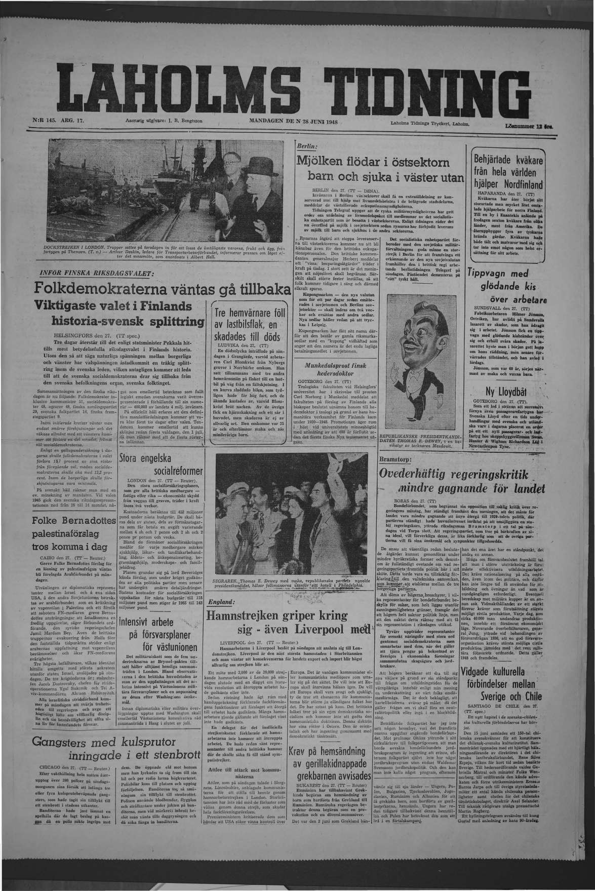Laholms Tidning Måndag 28 juni 1948, sida 1