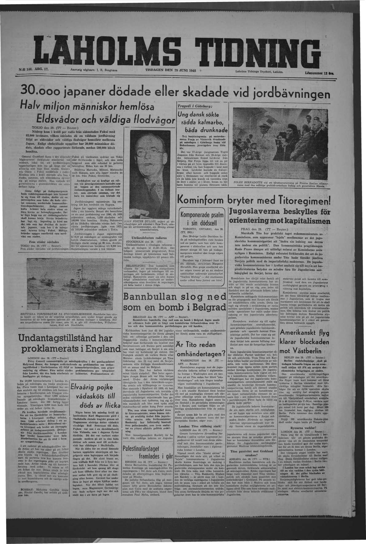 Laholms Tidning Tisdag 29 juni 1948, sida 1