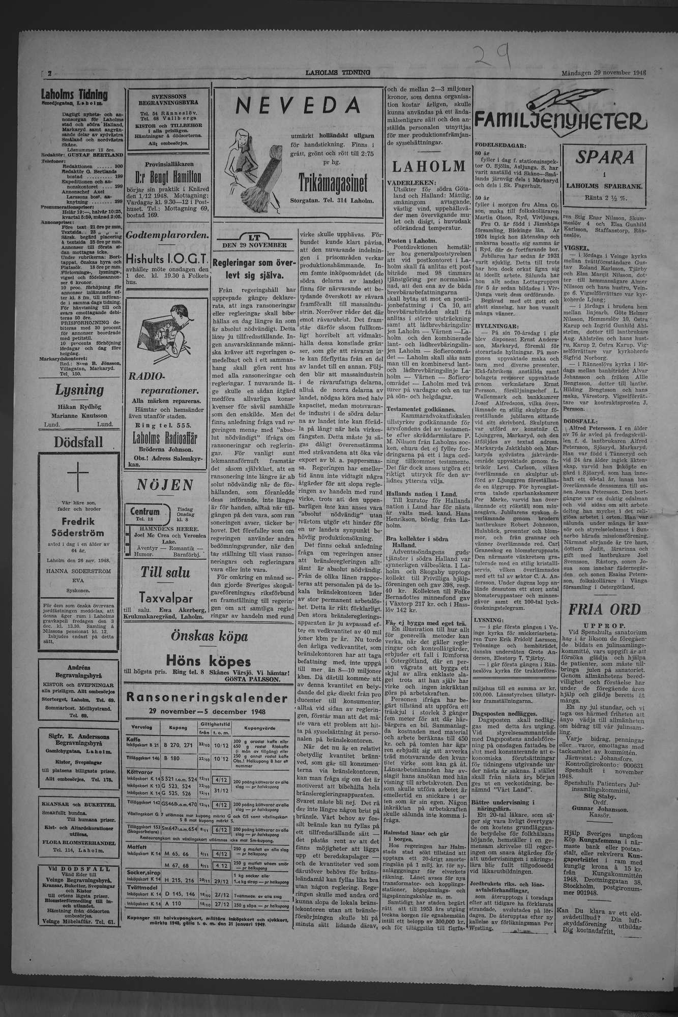 Laholms Tidning Måndag 29 november 1948, sida 2