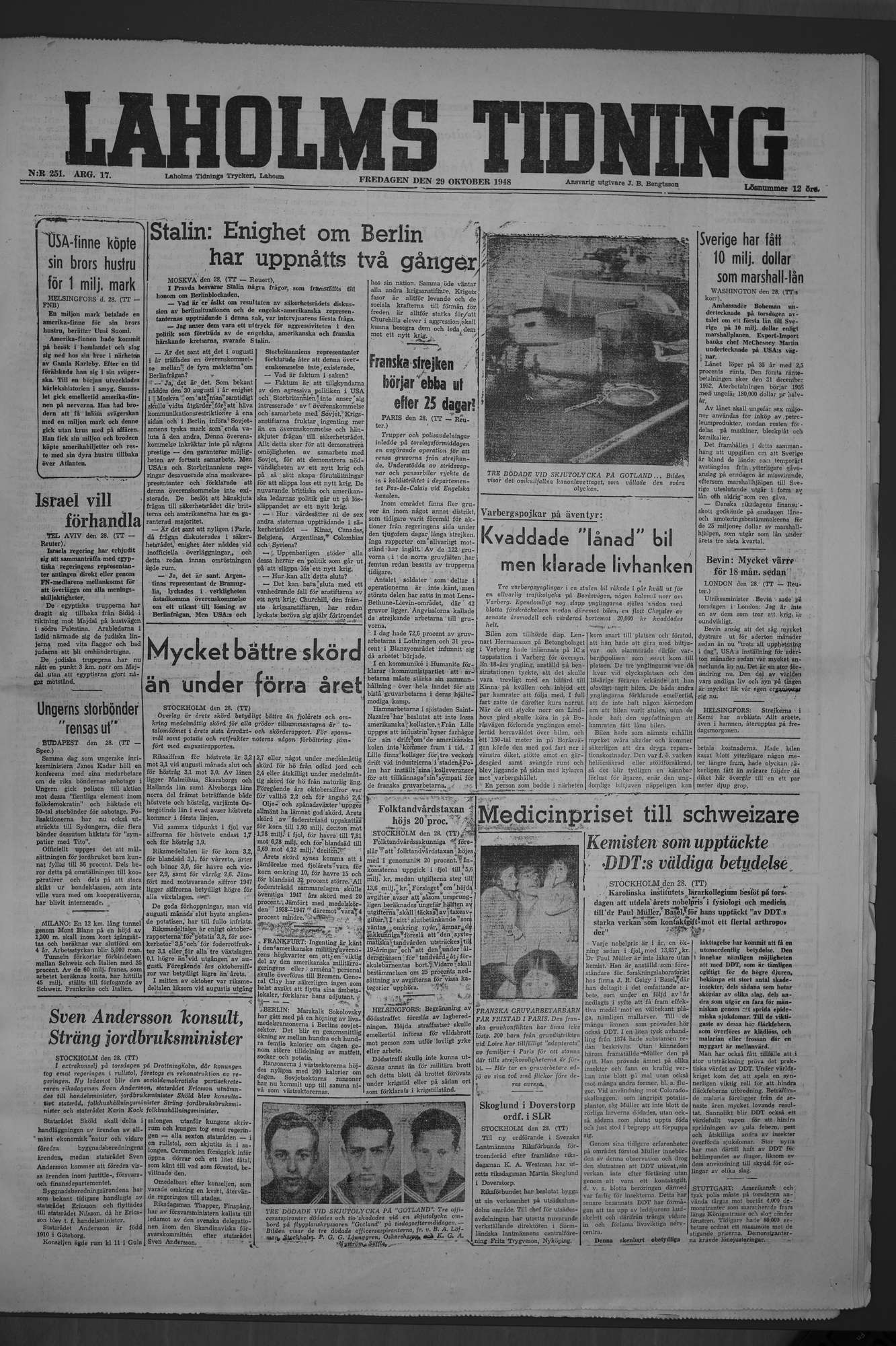 Laholms Tidning Fredag 29 oktober 1948, sida 1