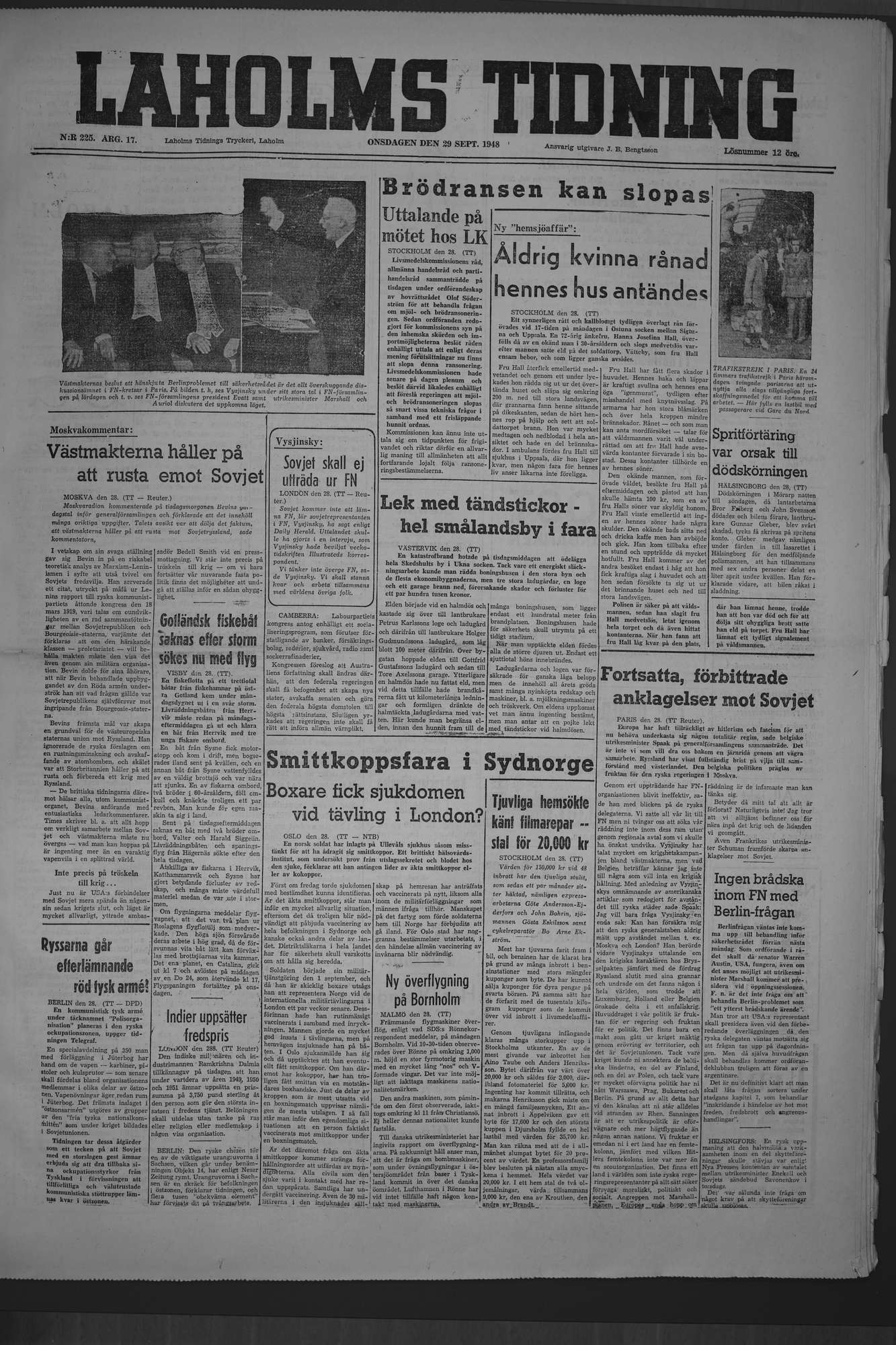 Laholms Tidning Onsdag 29 september 1948, sida 1