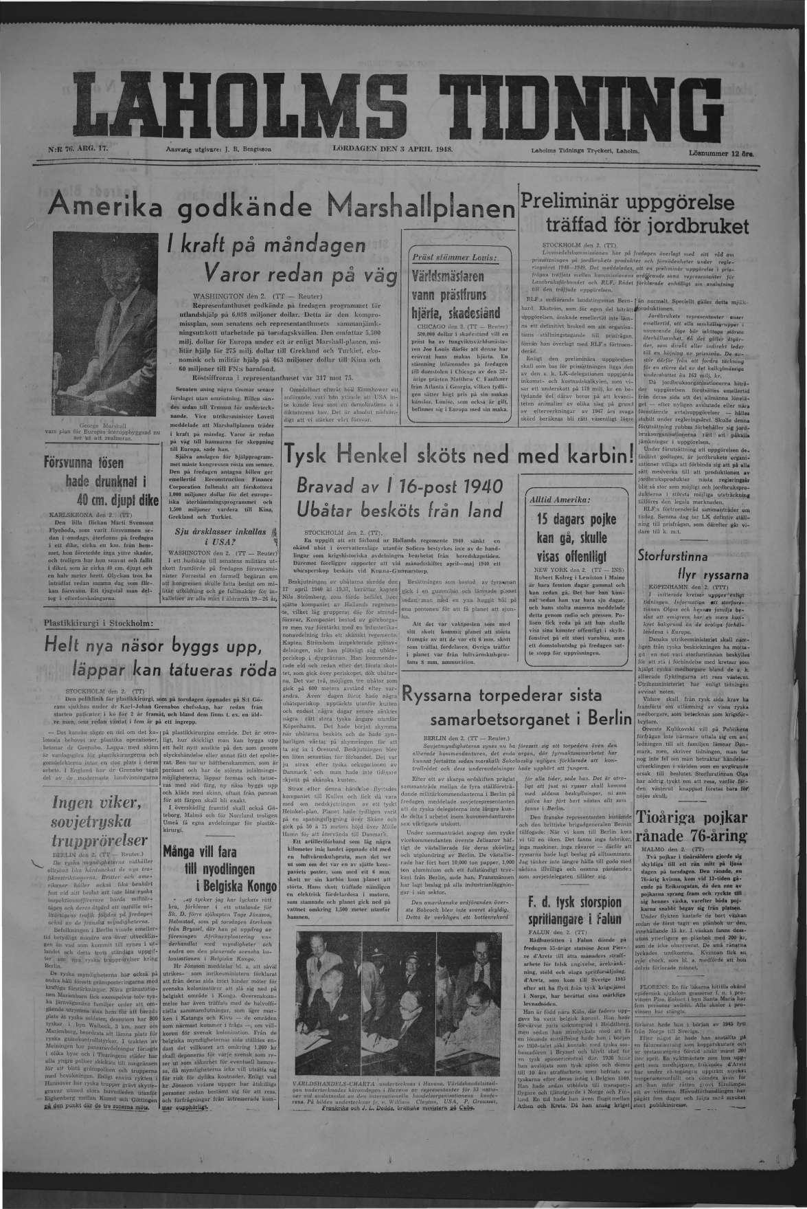 Laholms Tidning Lördag 3 april 1948, sida 1