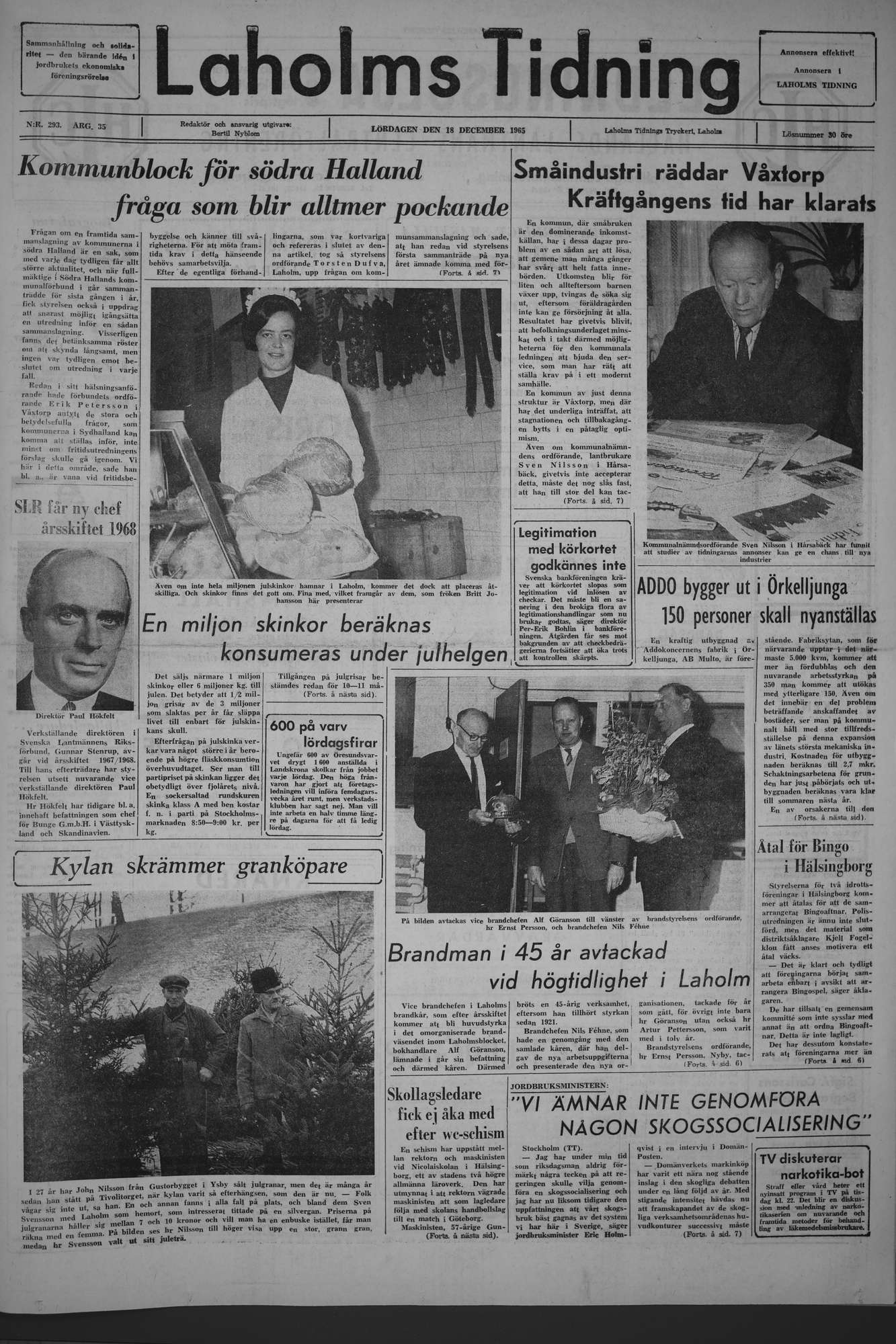 Laholms Tidning Lördag 18 december 1965, sida 1