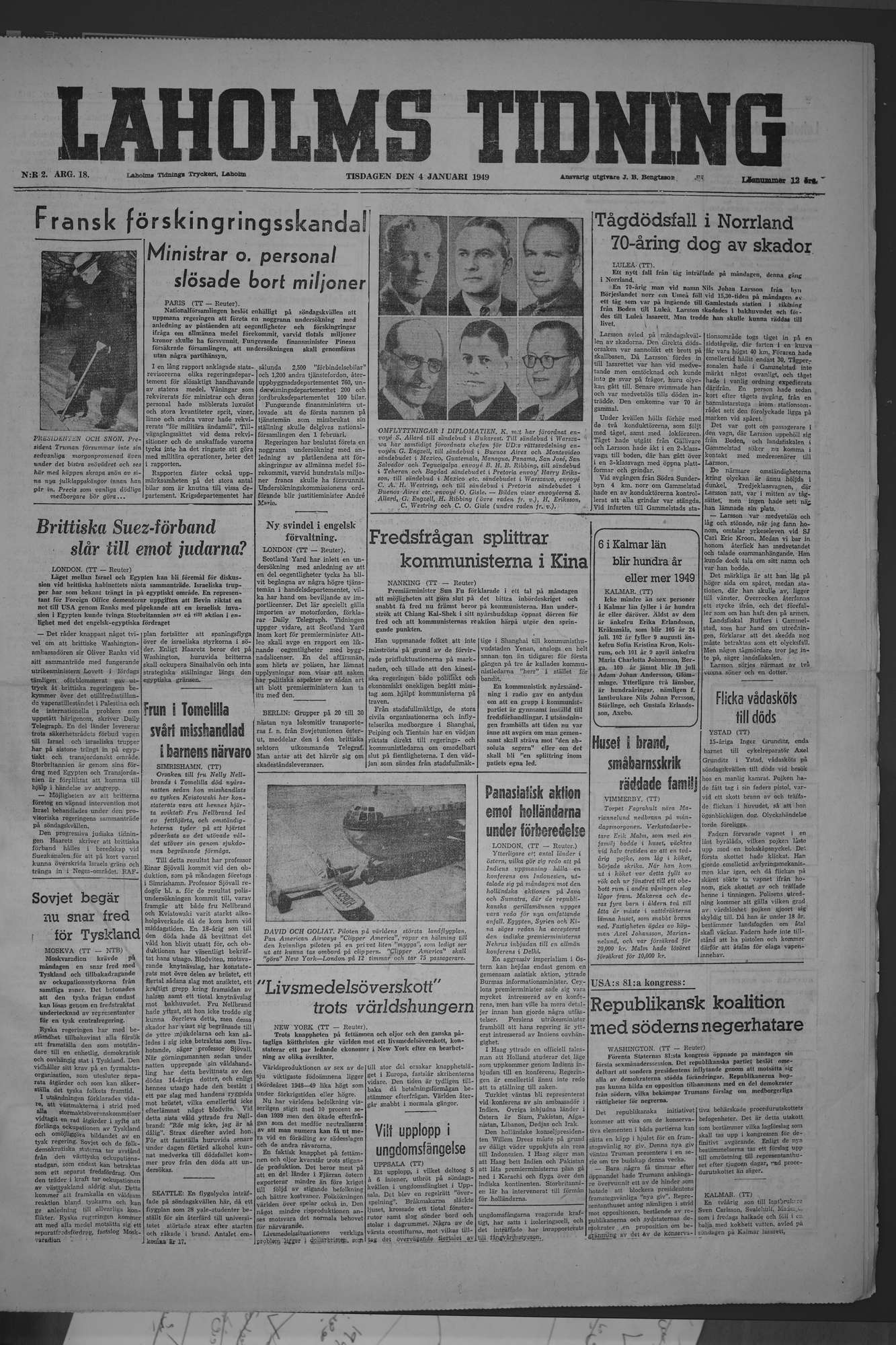 Laholms Tidning Tisdag 4 januari 1949, sida 1