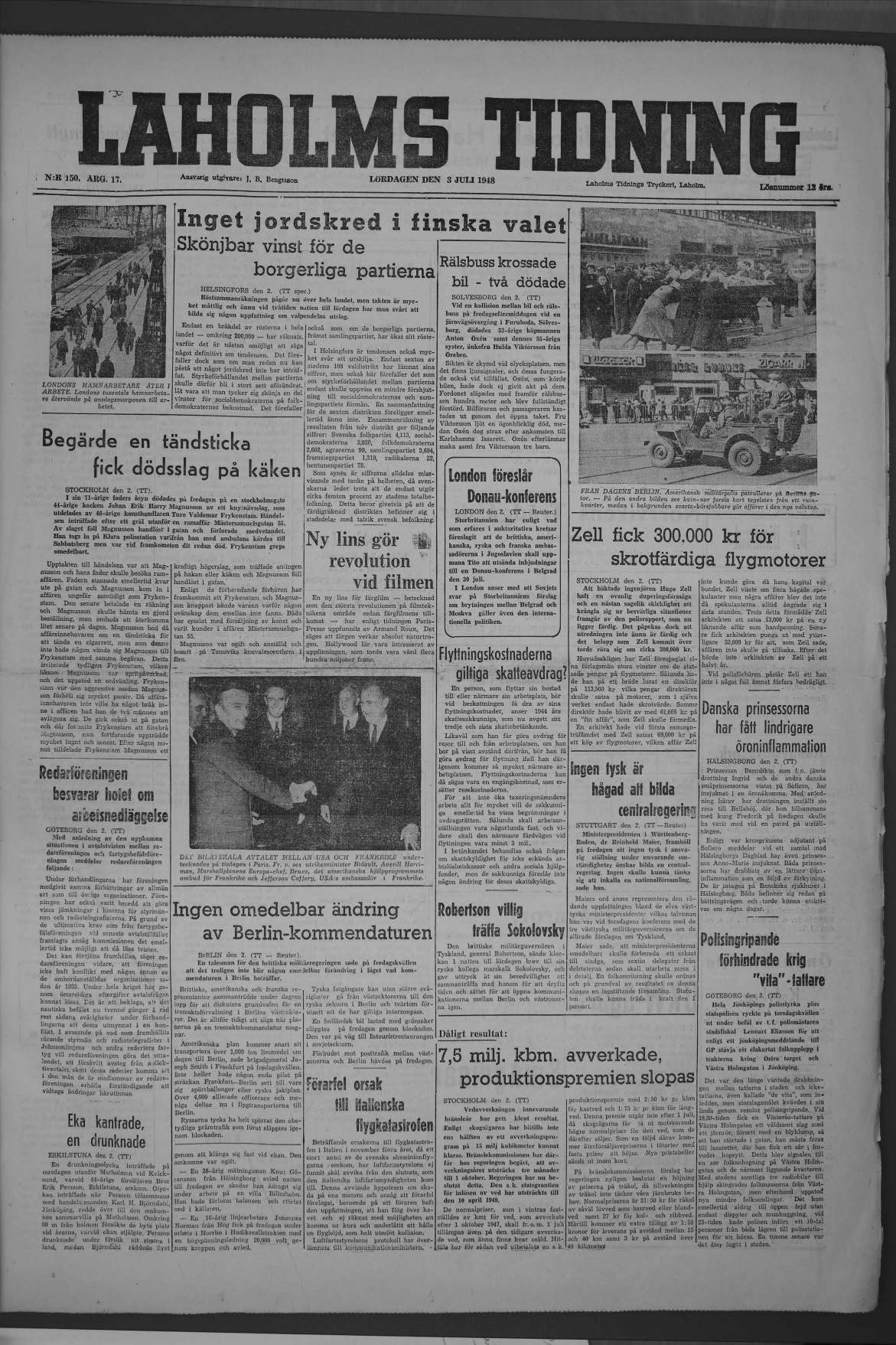 Laholms Tidning Lördag 3 juli 1948, sida 1