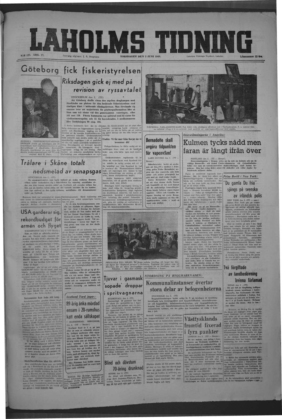 Laholms Tidning Torsdag 3 juni 1948, sida 1
