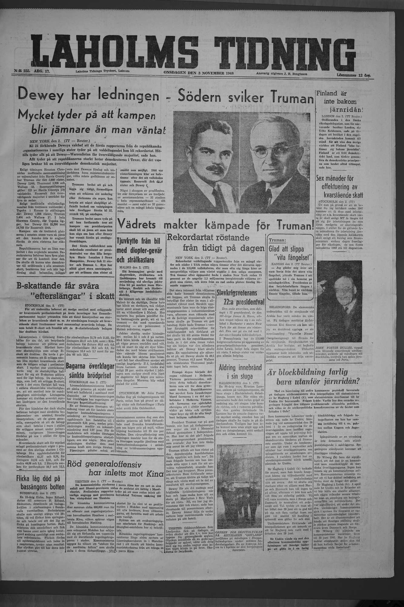 Laholms Tidning Onsdag 3 november 1948, sida 1