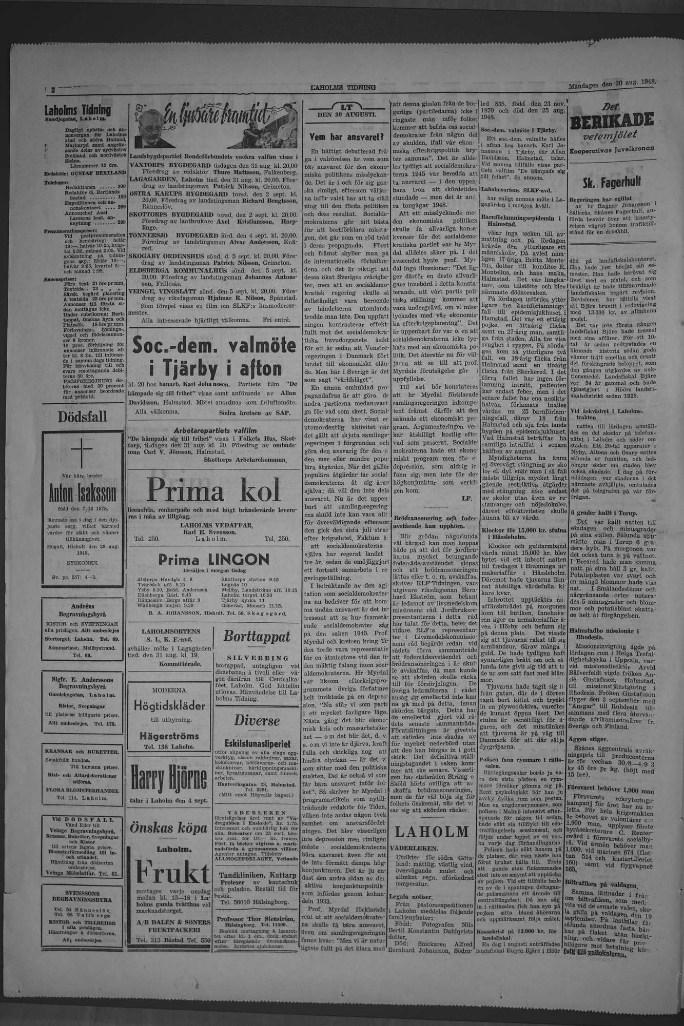 Laholms Tidning Måndag 30 augusti 1948, sida 2