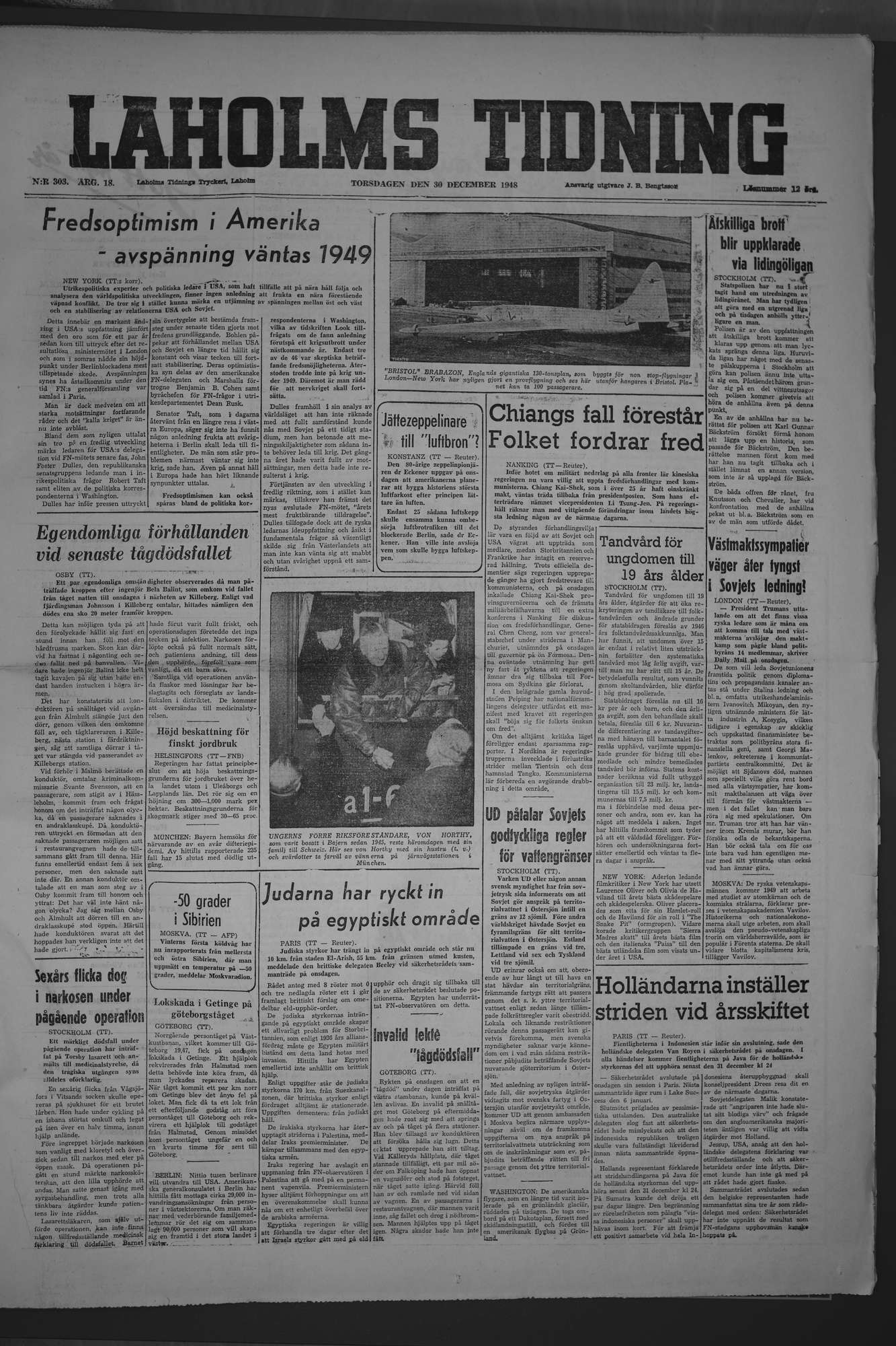 Laholms Tidning Torsdag 30 december 1948, sida 1