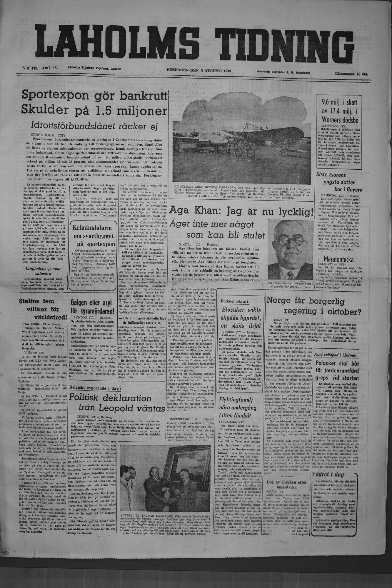 Laholms Tidning Fredag 5 augusti 1949, sida 1