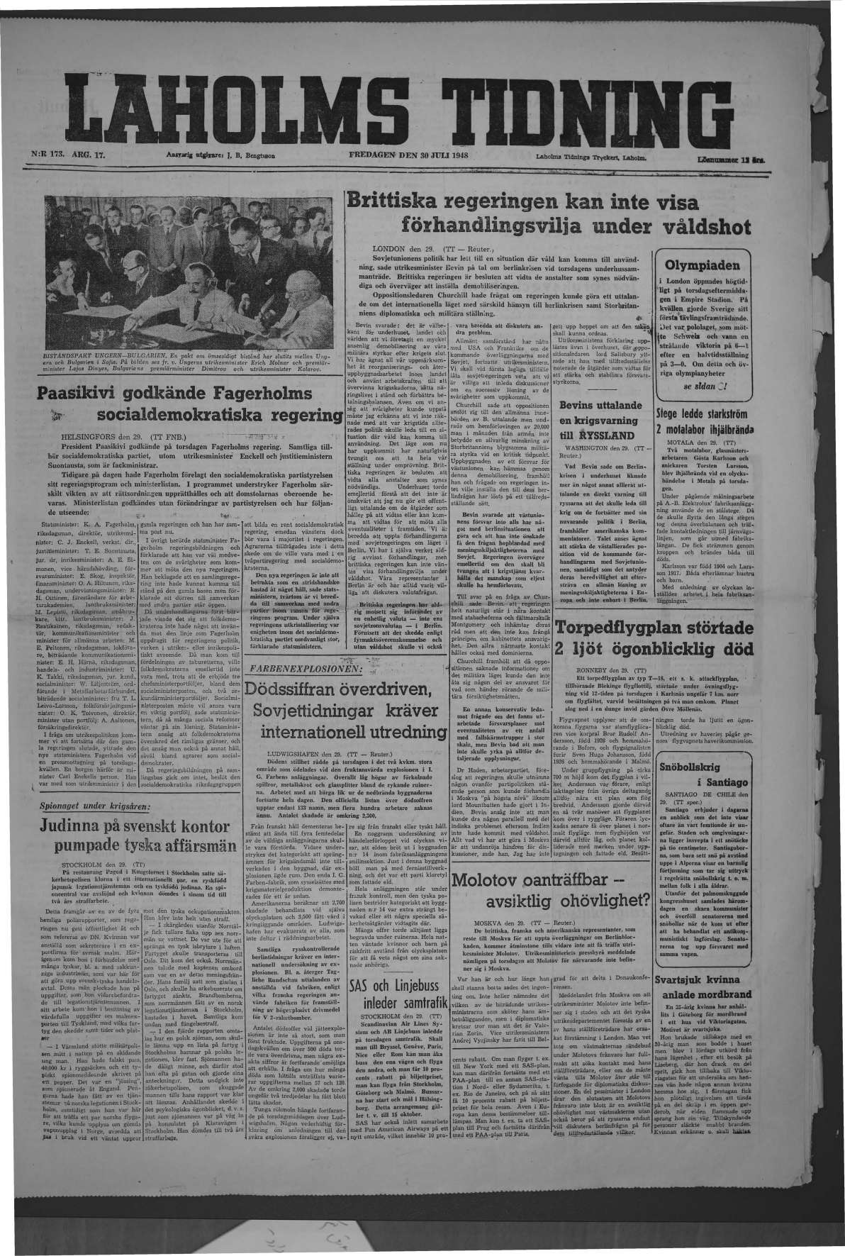 Laholms Tidning Fredag 30 juli 1948, sida 1