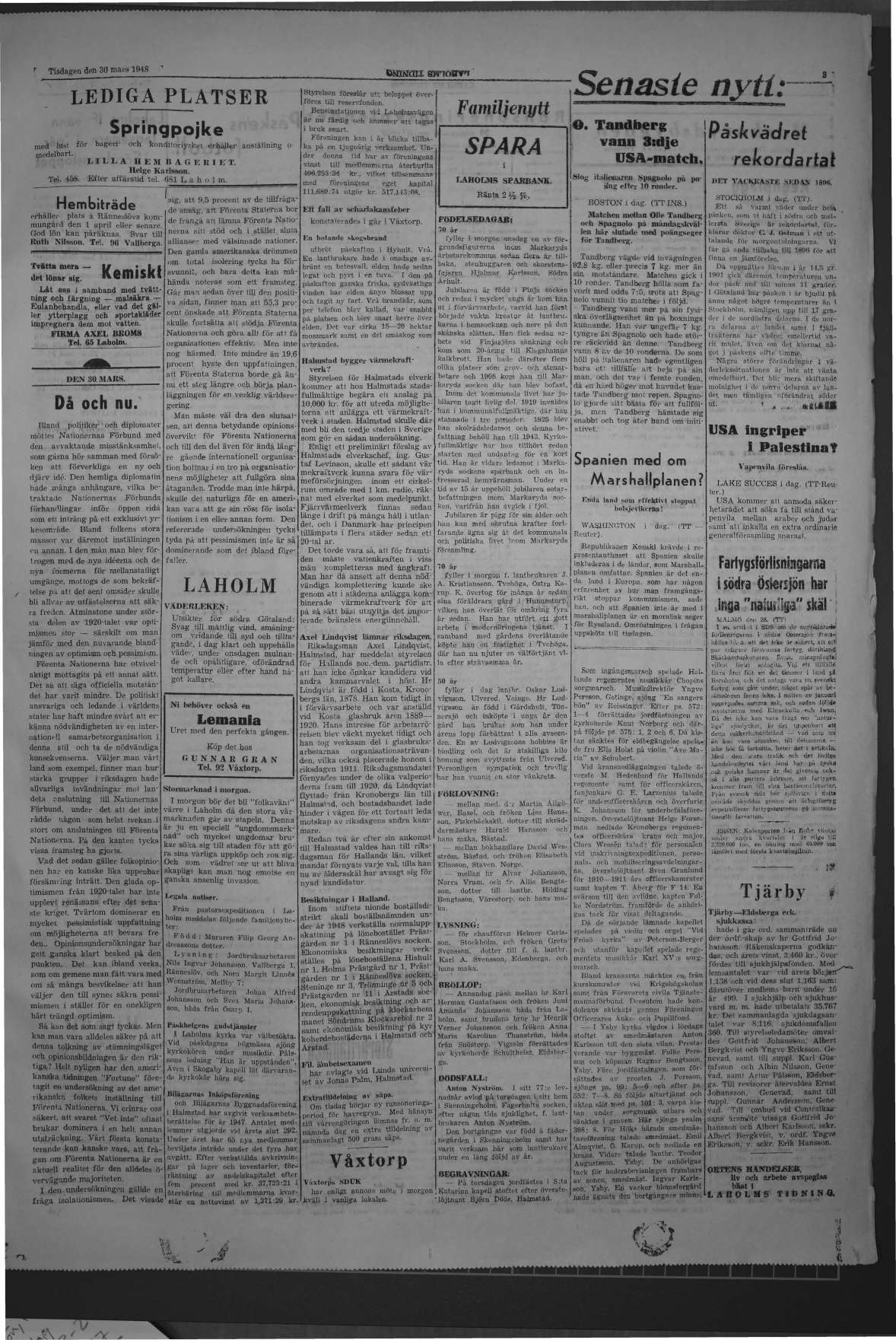 Laholms Tidning Tisdag 30 mars 1948, sida 3