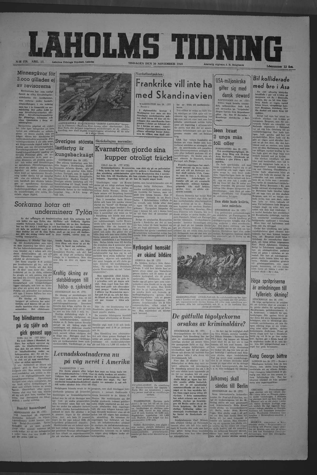 Laholms Tidning Tisdag 30 november 1948, sida 1