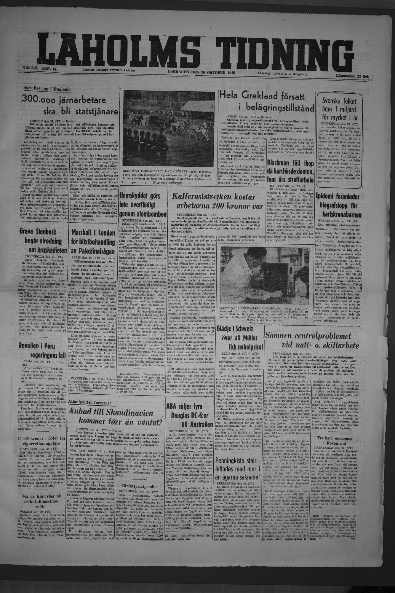 Laholms Tidning Lördag 30 oktober 1948, sida 1