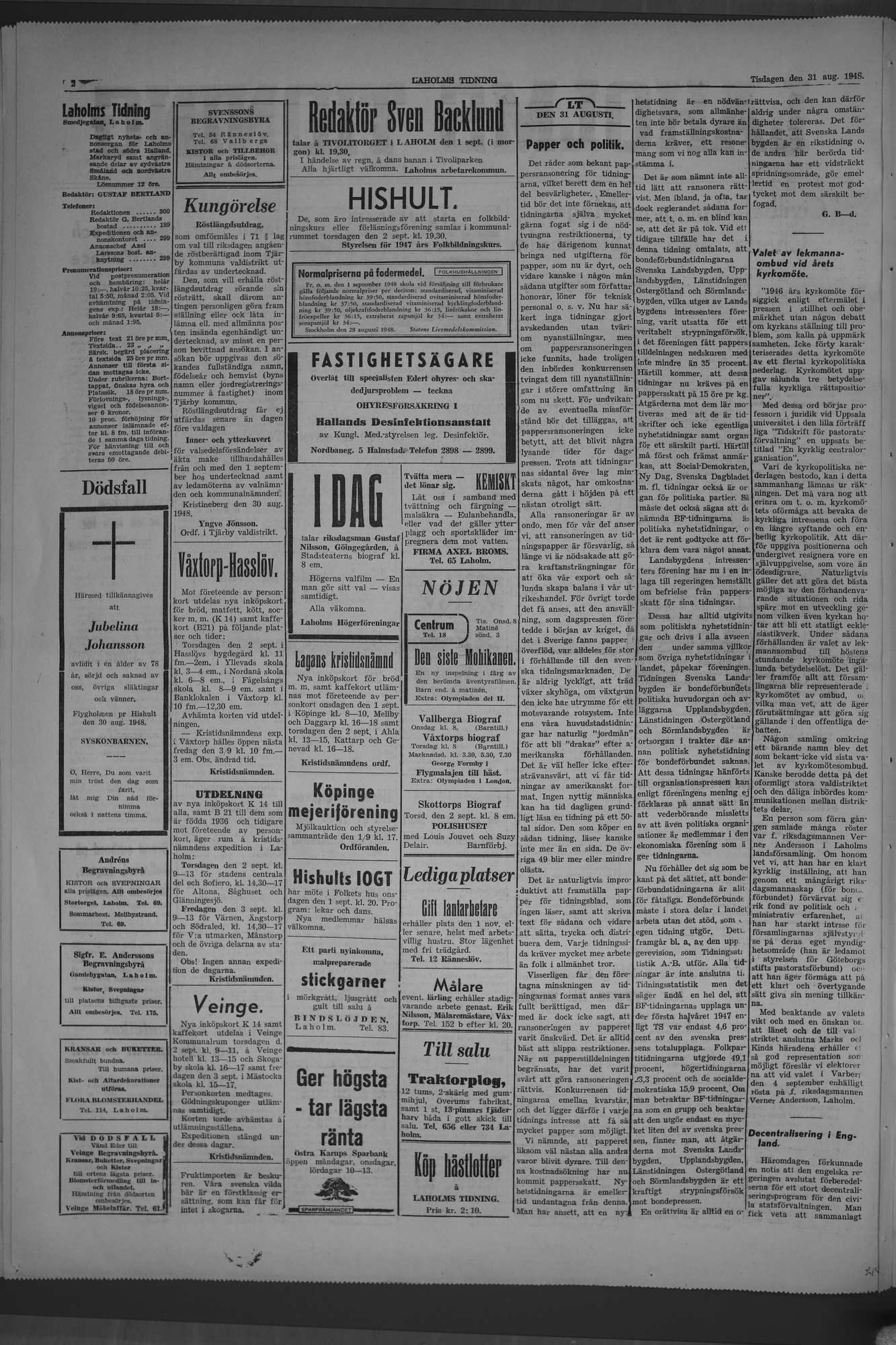 Laholms Tidning Tisdag 31 augusti 1948, sida 2