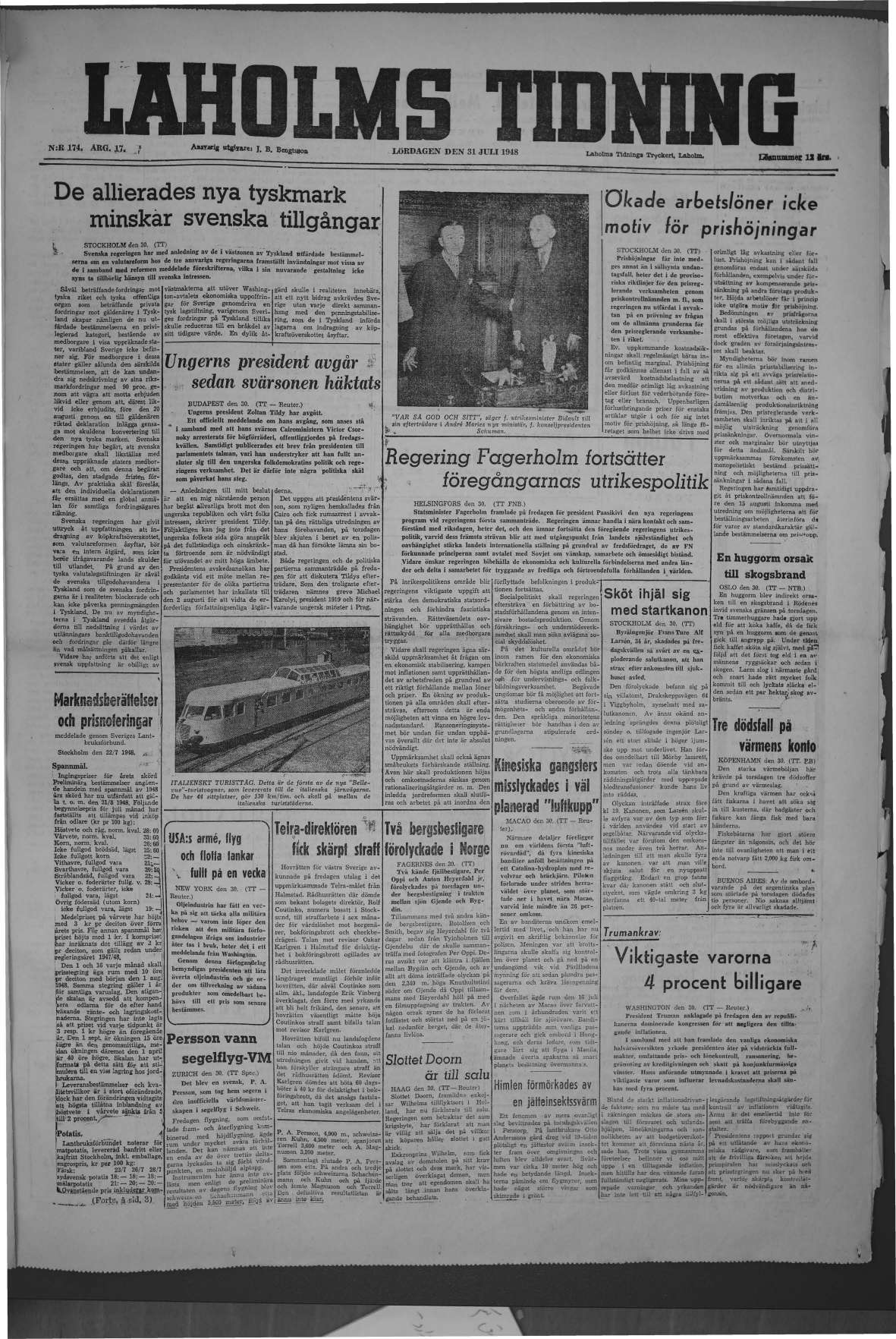Laholms Tidning Lördag 31 juli 1948, sida 1