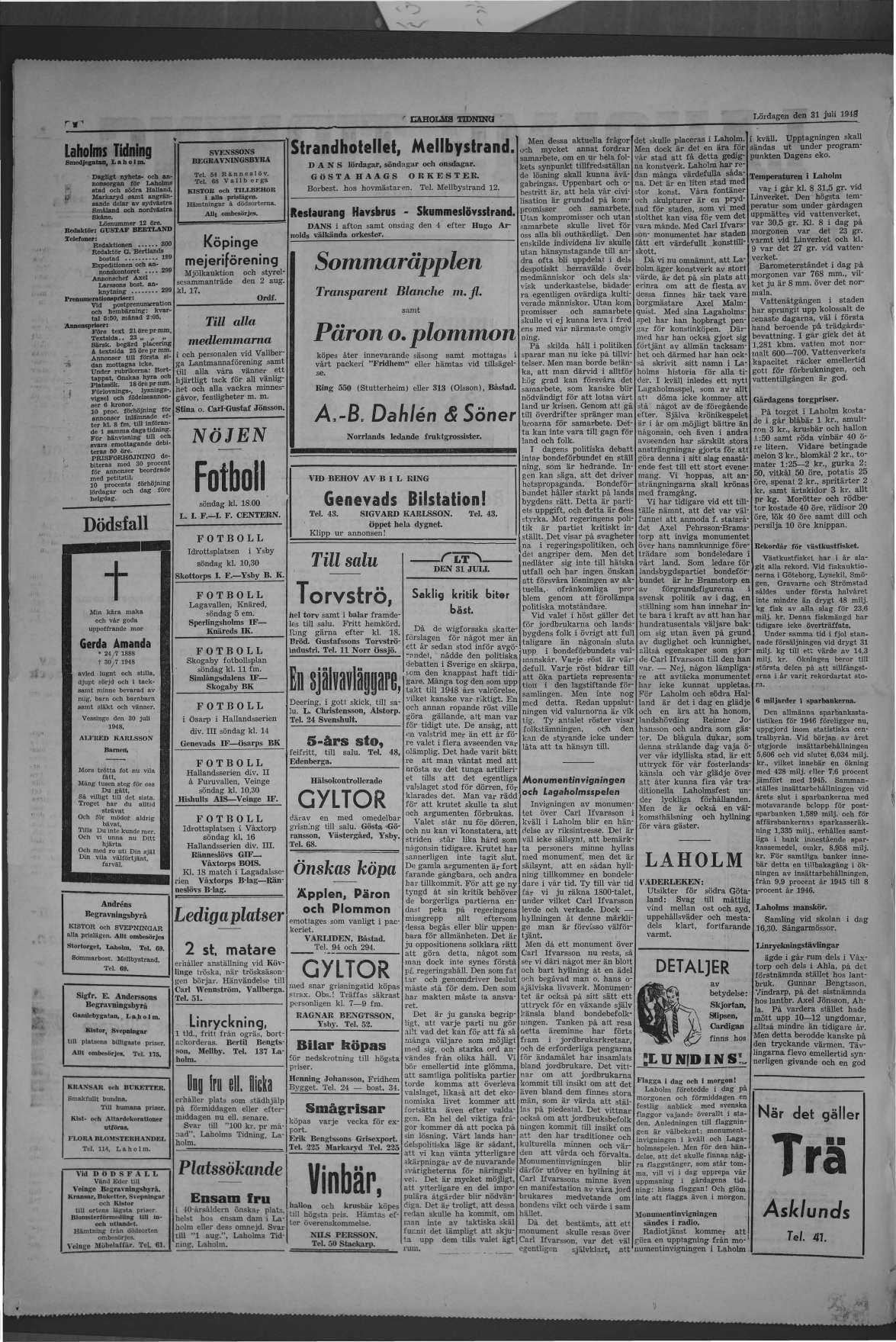 Laholms Tidning Lördag 31 juli 1948, sida 2