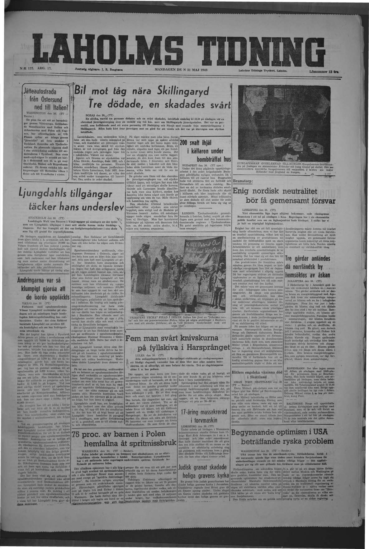 Laholms Tidning Måndag 31 maj 1948, sida 1