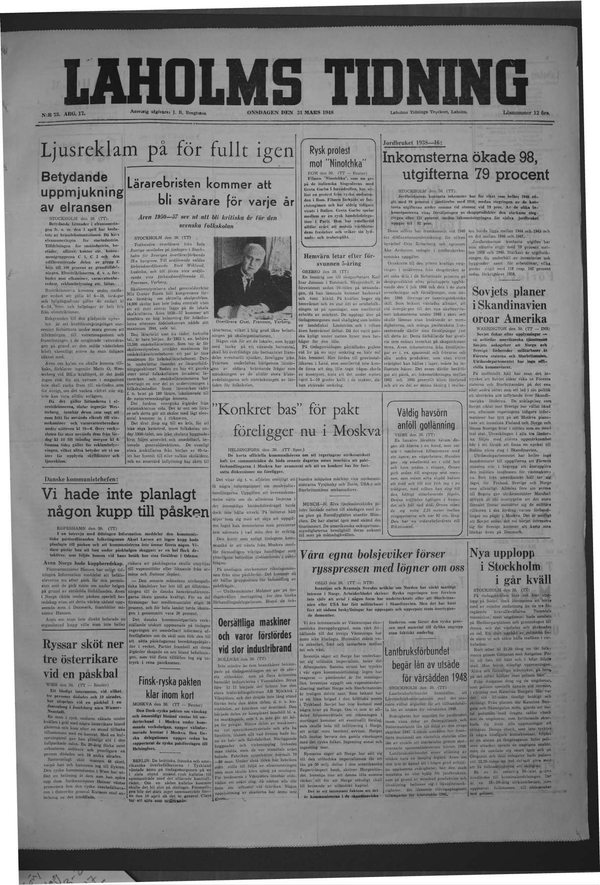 Laholms Tidning Onsdag 31 mars 1948, sida 1
