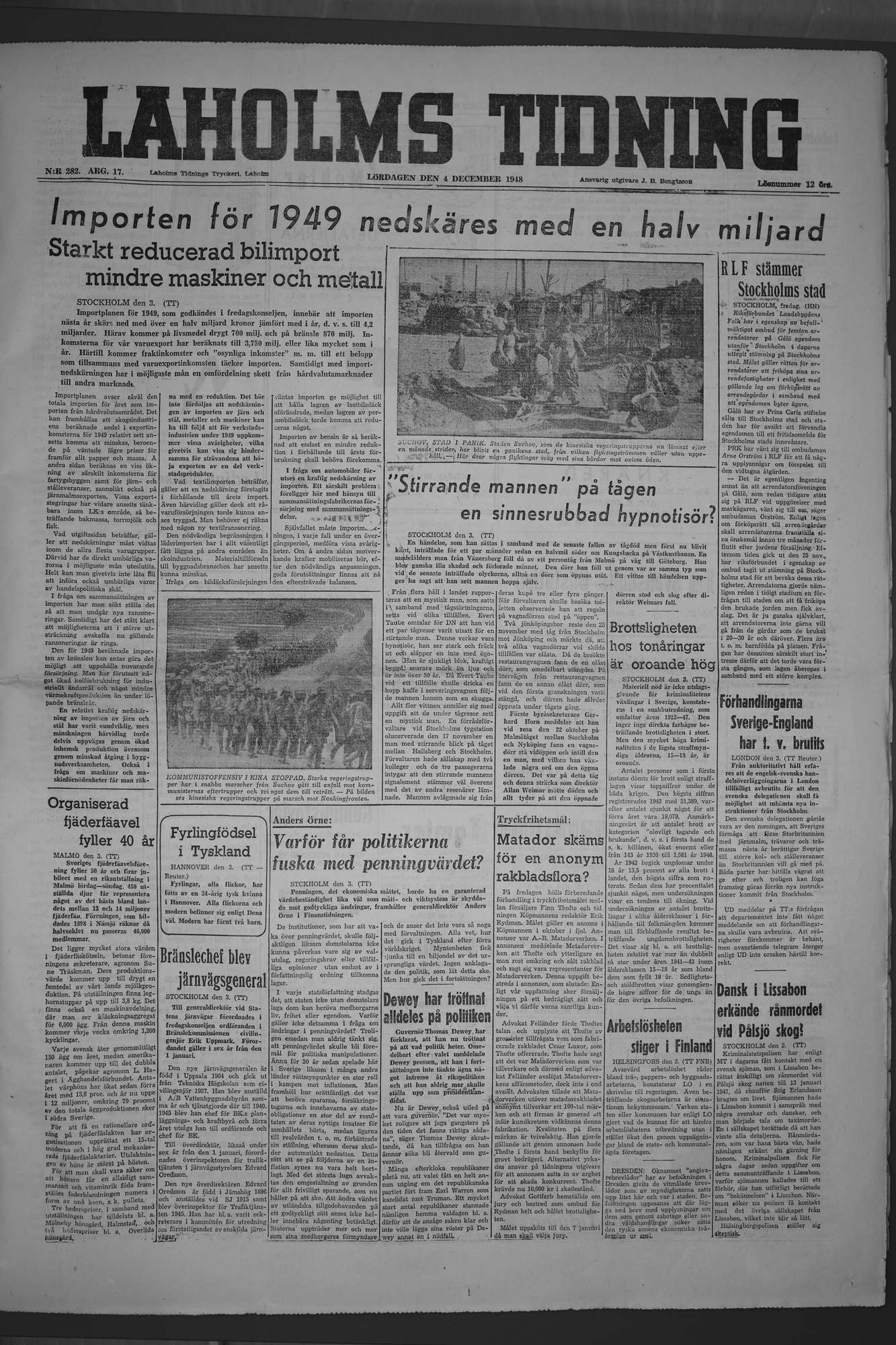 Laholms Tidning Lördag 4 december 1948, sida 1