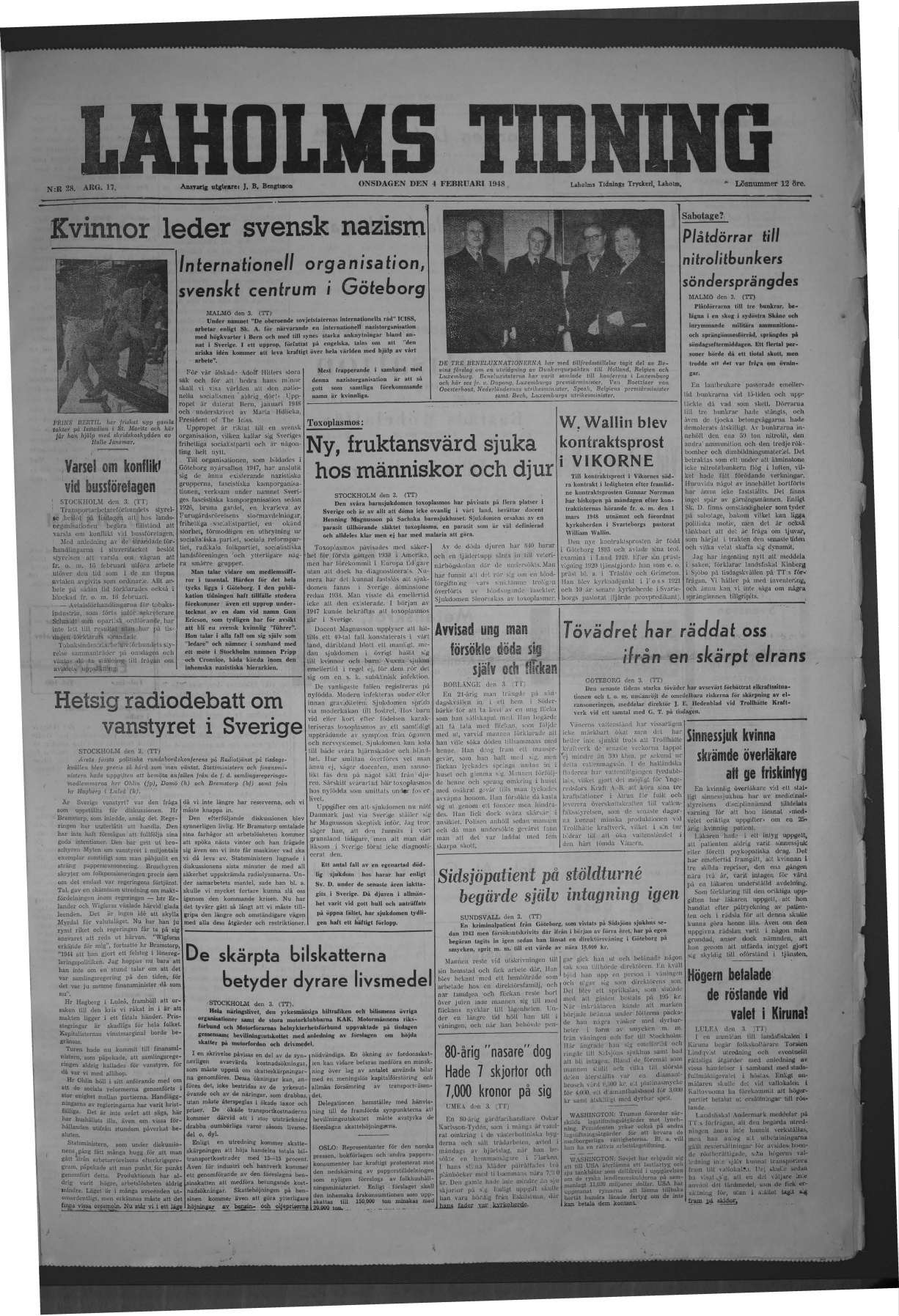 Laholms Tidning Onsdag 4 februari 1948, sida 1