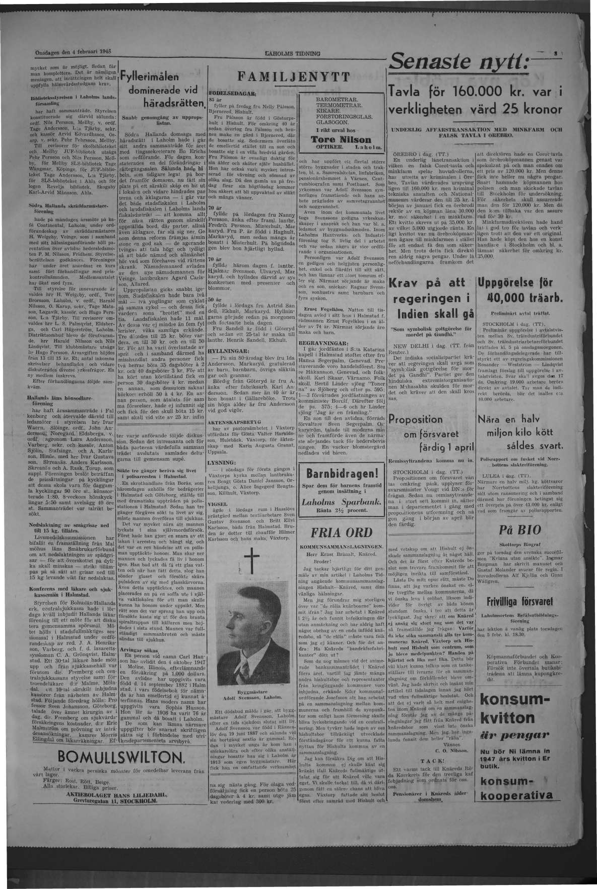 Laholms Tidning Onsdag 4 februari 1948, sida 3