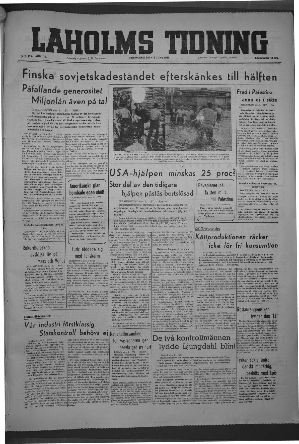 Laholms Tidning Fredag 4 juni 1948, sida 1