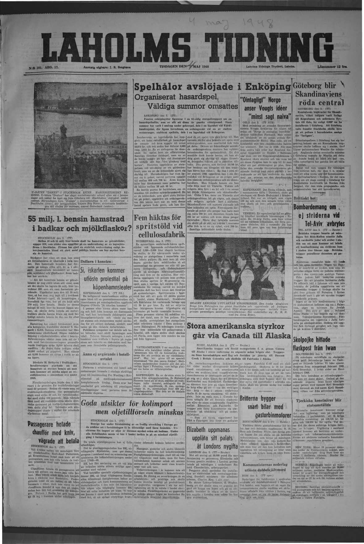Laholms Tidning Tisdag 4 maj 1948, sida 1
