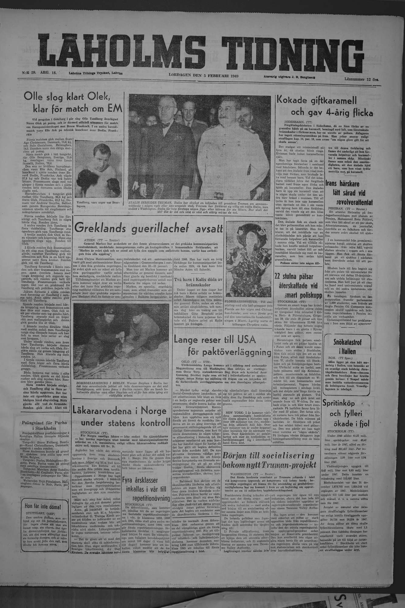Laholms Tidning Lördag 5 februari 1949, sida 1