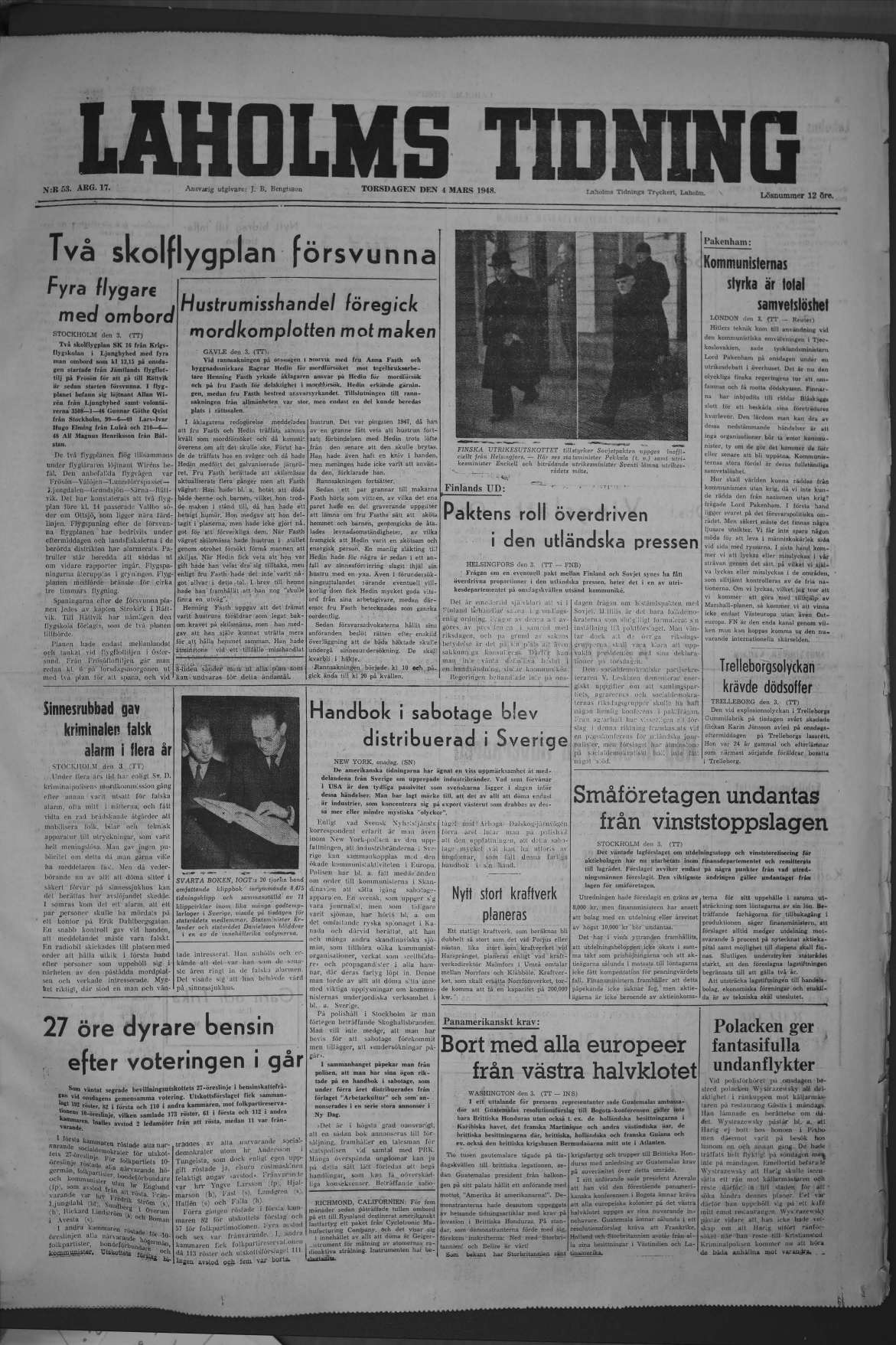 Laholms Tidning Torsdag 4 mars 1948, sida 1