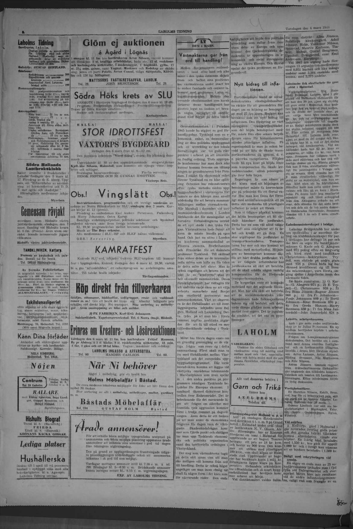 Laholms Tidning Torsdag 4 mars 1948, sida 2