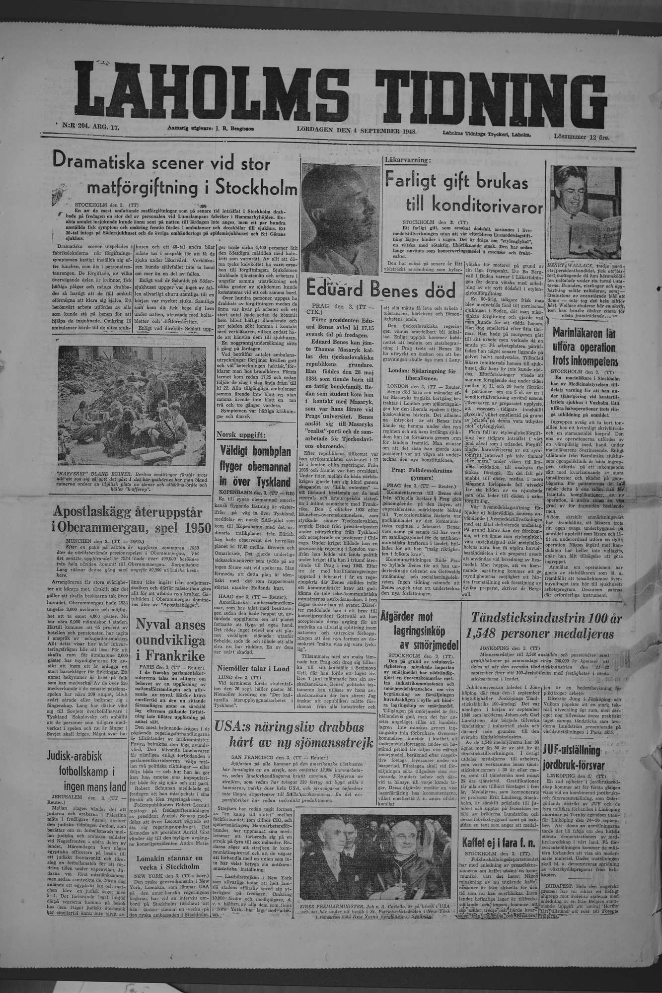 Laholms Tidning Lördag 4 september 1948, sida 1