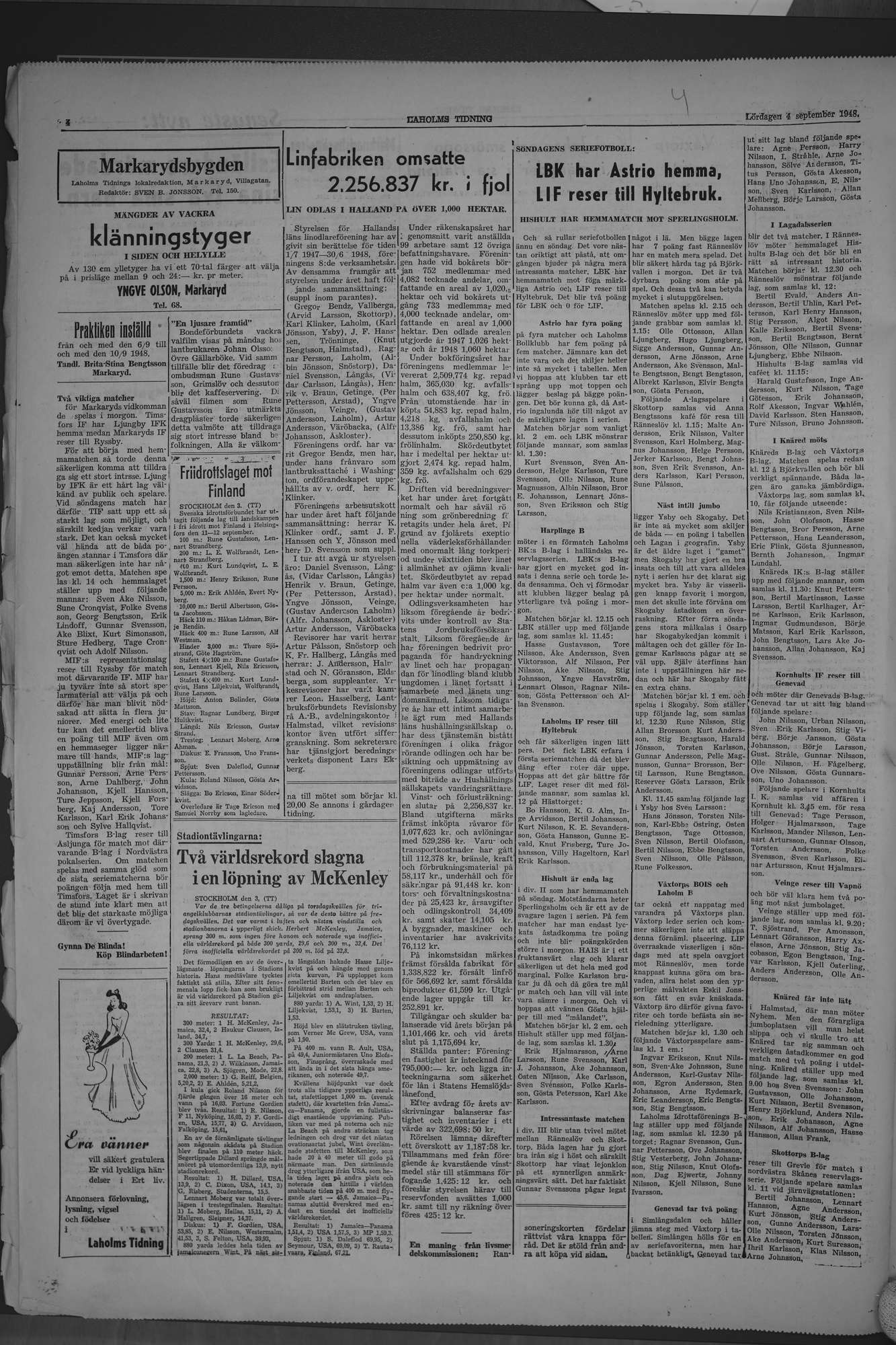 Laholms Tidning Lördag 4 september 1948, sida 4