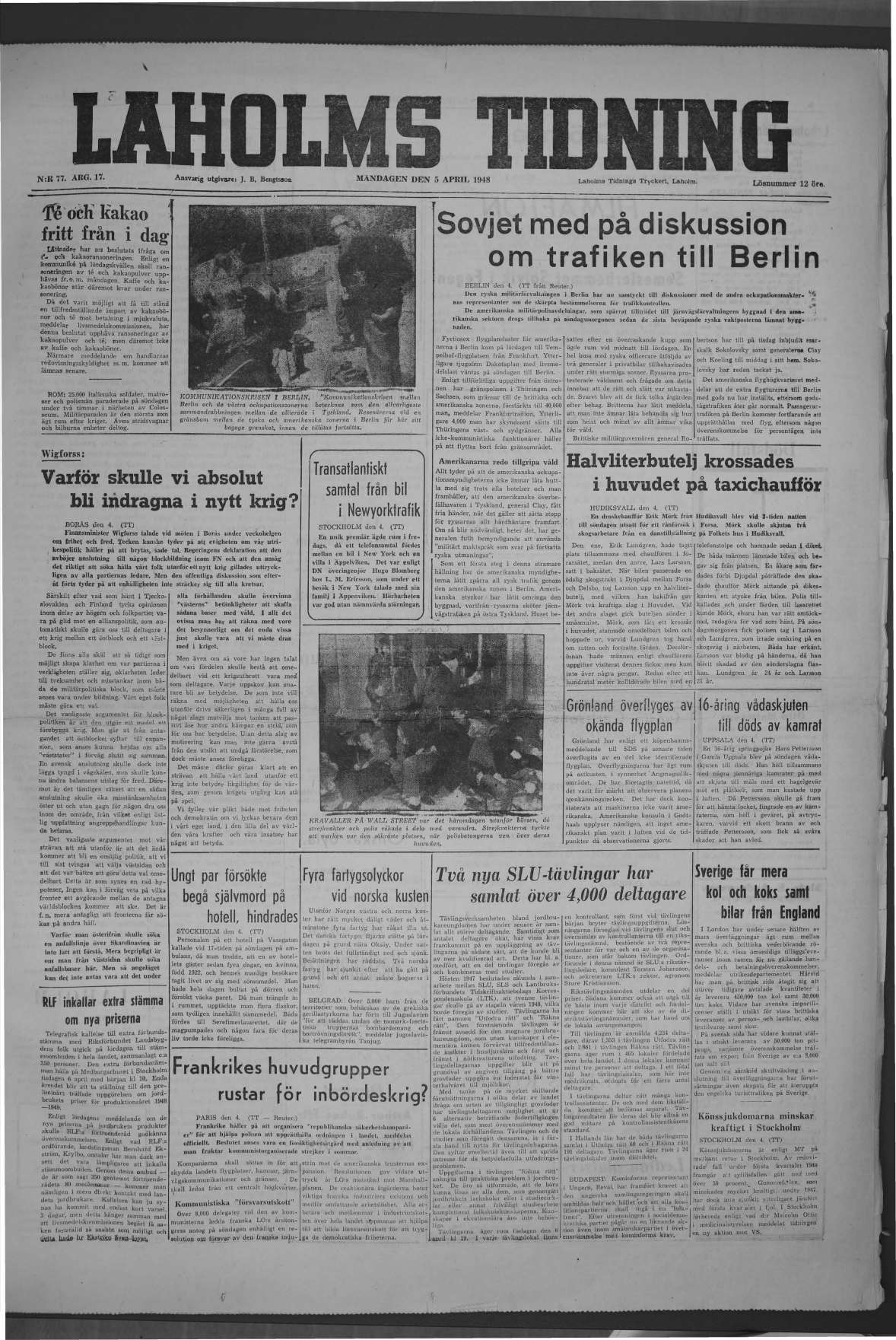 Laholms Tidning Måndag 5 april 1948, sida 1