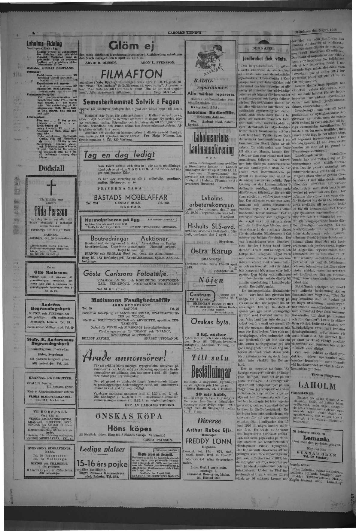 Laholms Tidning Måndag 5 april 1948, sida 2